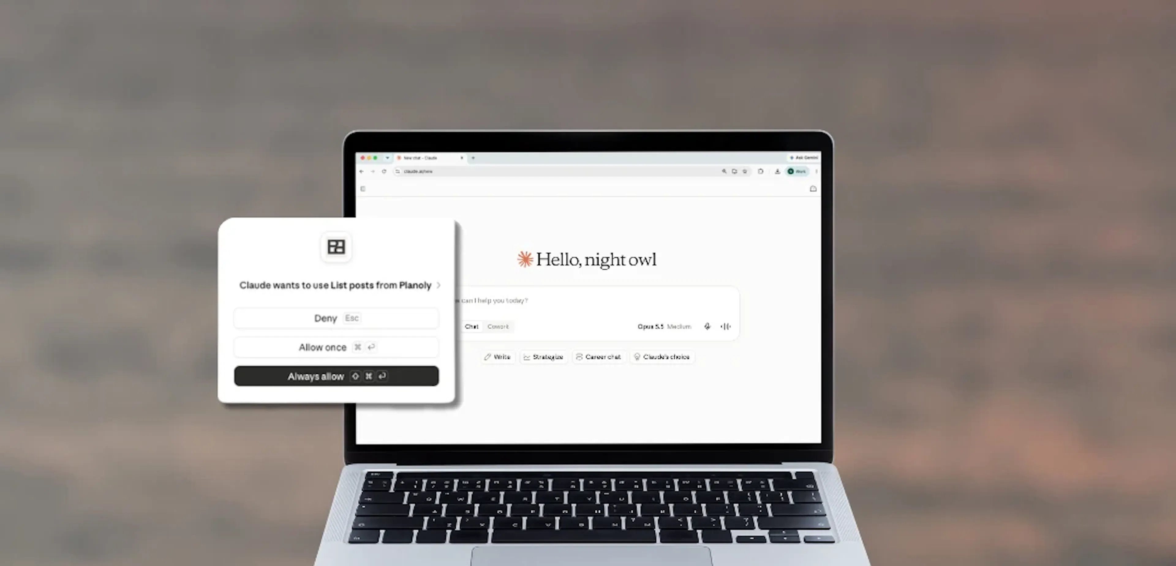 A laptop showing the Claude home screen, with a permission prompt reading "Claude wants to use List posts from Planoly" and Deny, Allow once, and Always allow buttons.