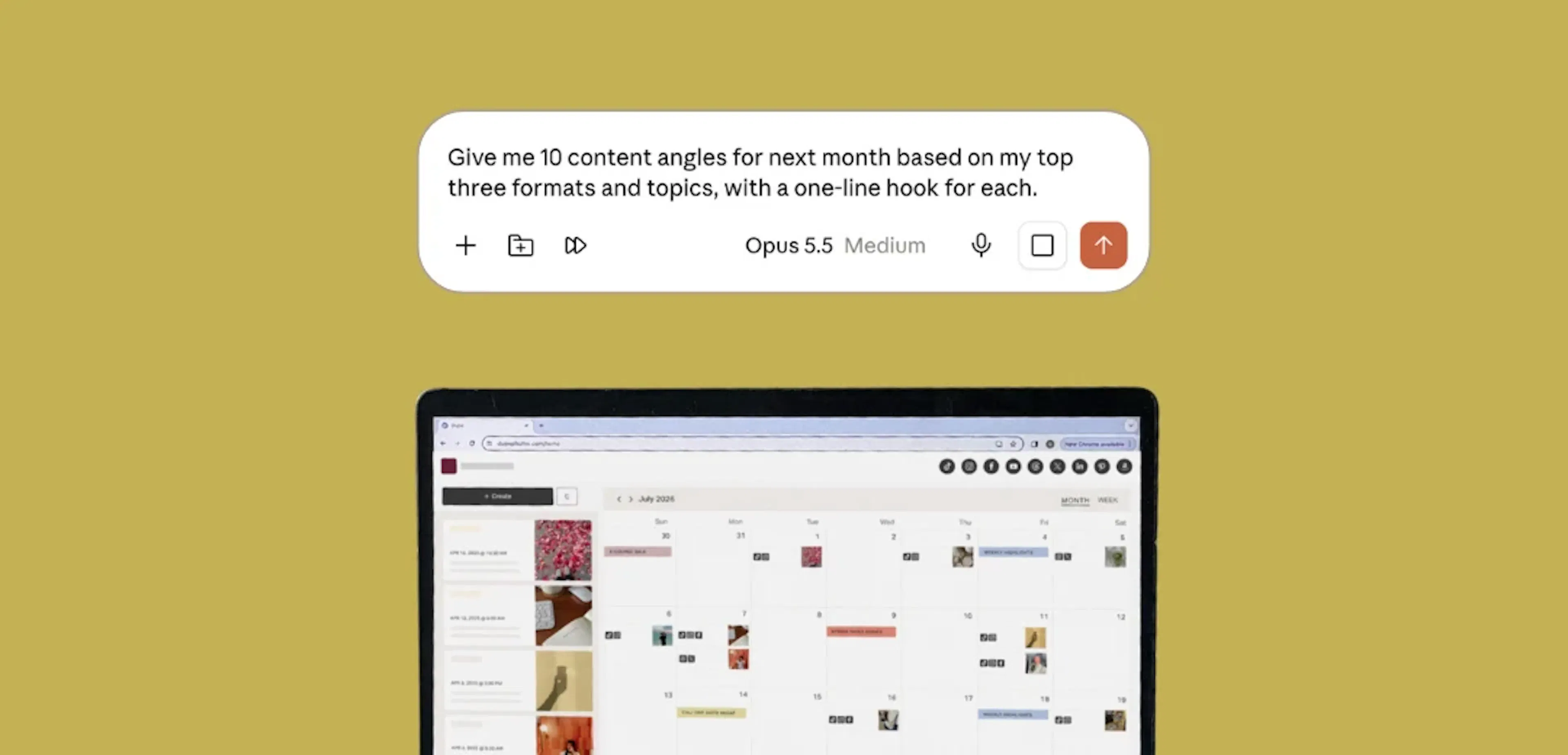 A Claude prompt asking for 10 content angles for next month with a one-line hook for each, above a laptop showing the Planoly content calendar.