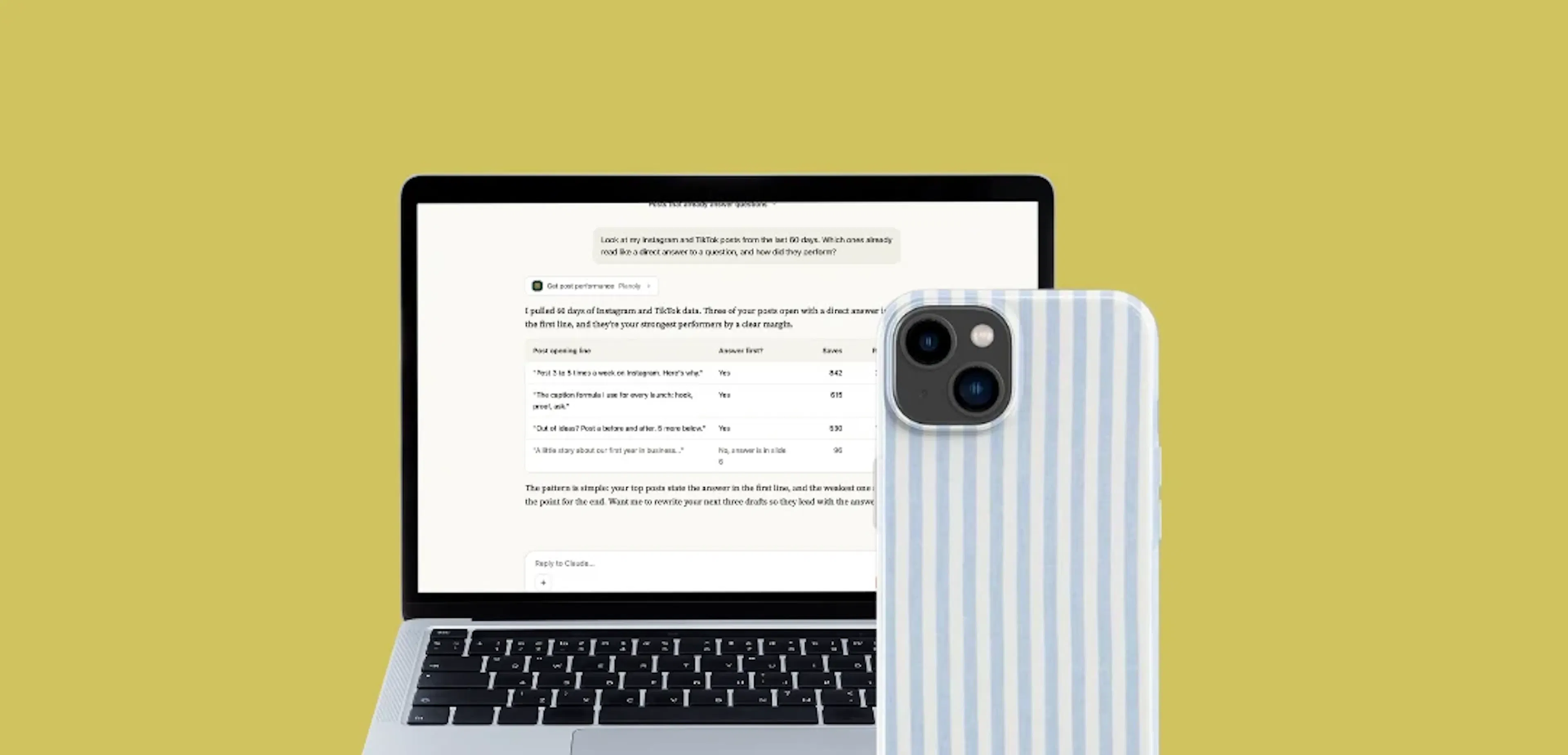 A laptop showing a Claude chat that reviews 60 days of Instagram and TikTok posts and flags which ones open with a direct answer, next to a striped phone case on a yellow background.