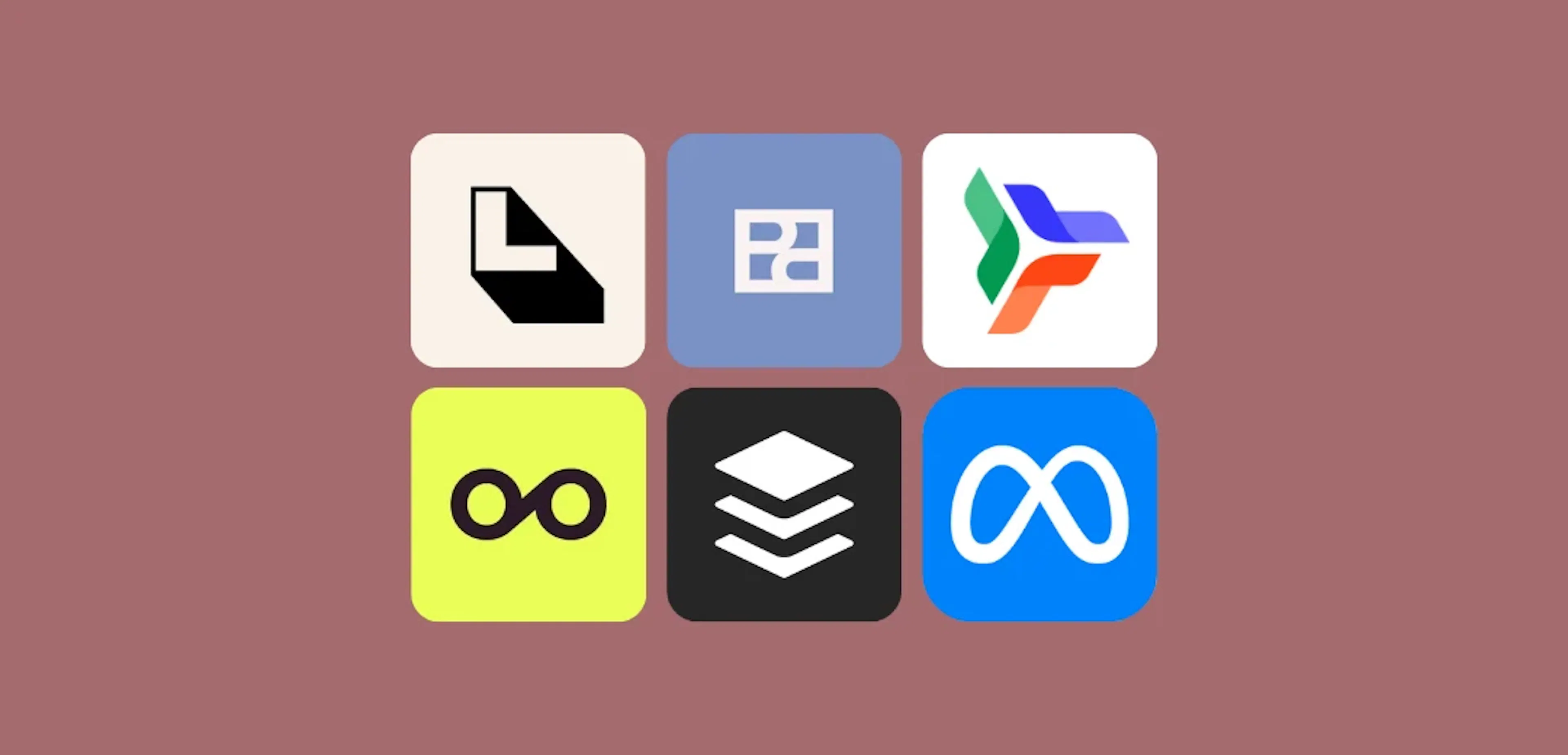 Six social media scheduler and platform logos arranged in a grid on a dusty rose background, including Planoly, Metricool, Buffer, and Meta.