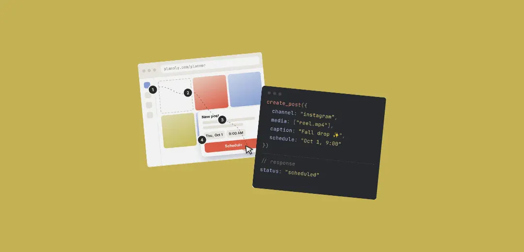 A browser window showing the Planoly planner with numbered steps, next to a code panel with a create_post call scheduling an Instagram reel and a response reading status scheduled.