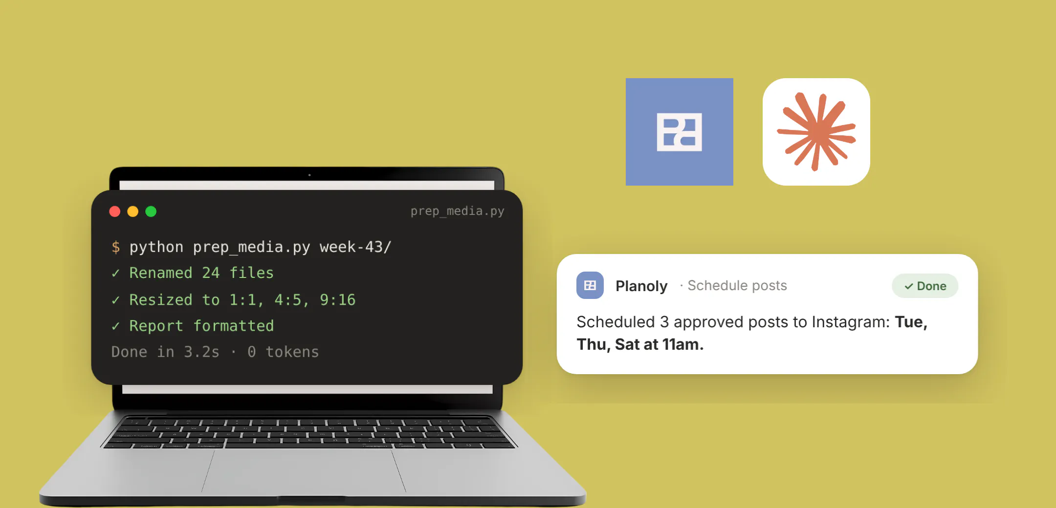A laptop terminal running a media prep script that renames and resizes files, beside a Planoly card confirming three approved posts were scheduled to Instagram, on a yellow background.