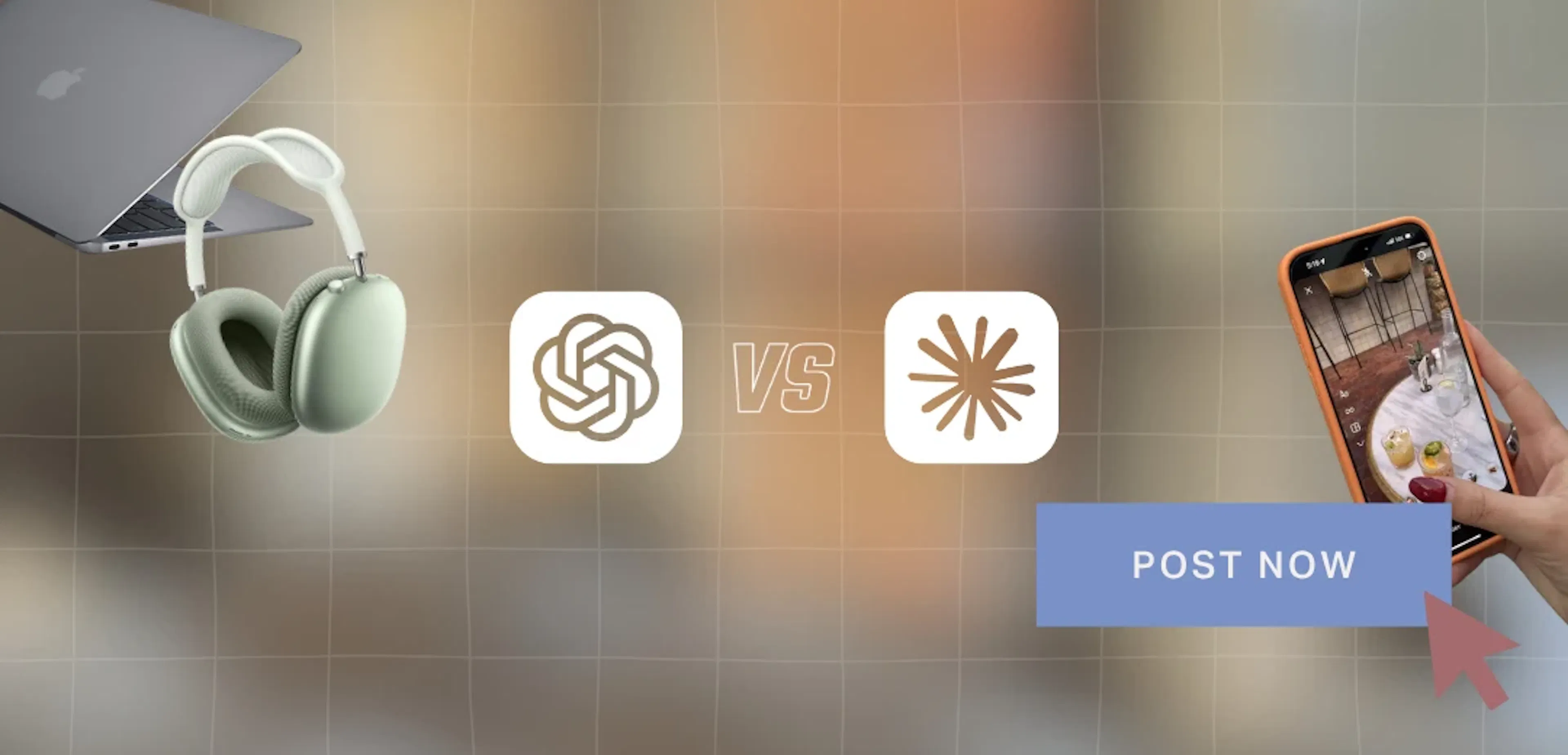 The ChatGPT and Claude logos separated by "VS," with headphones on the left and a hand holding a phone with a Post Now button on the right.
