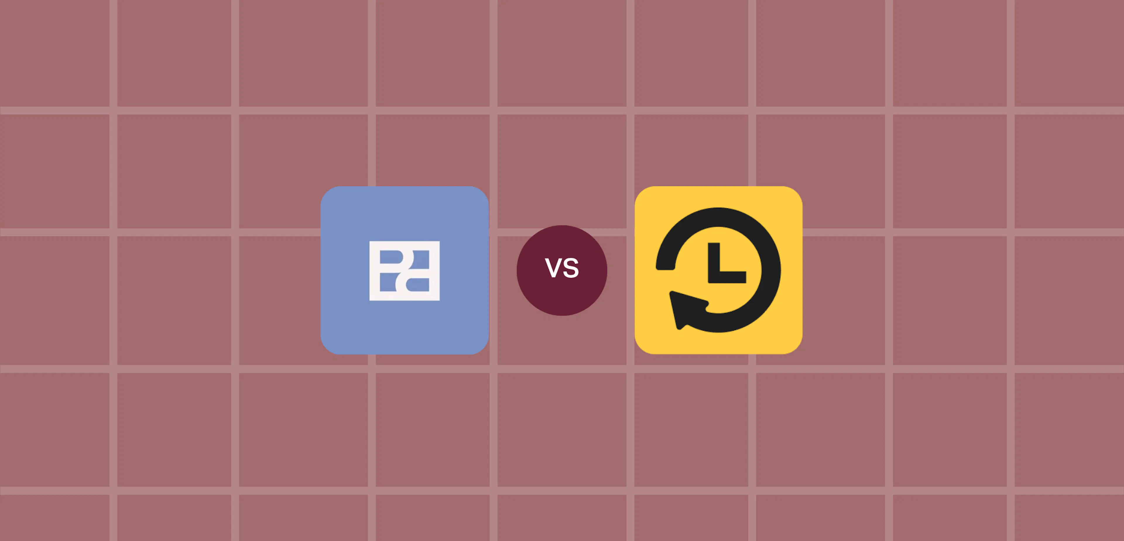 The Planoly logo and the RecurPost logo side by side with "vs" between them, on a rose-colored grid background.