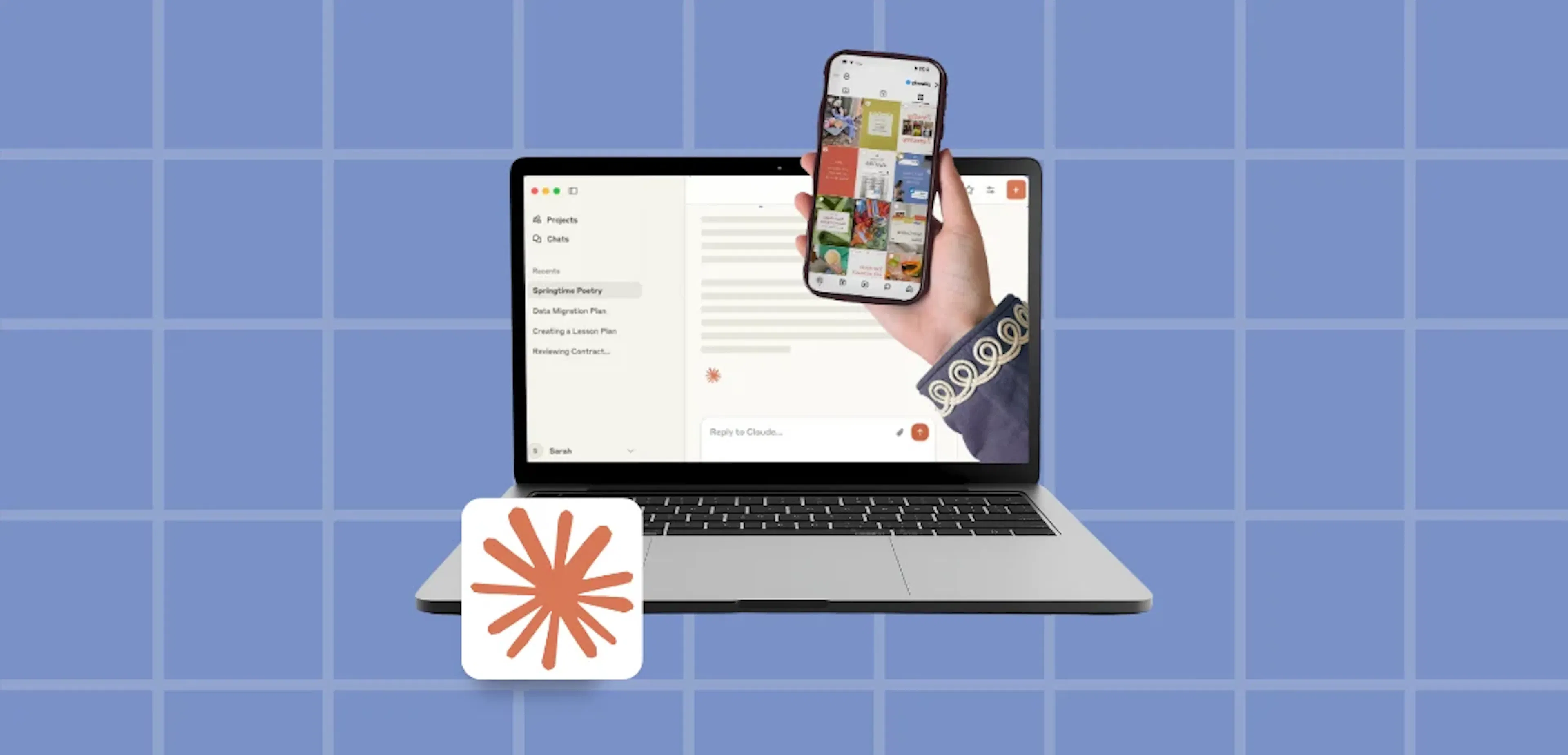 A laptop showing the Claude app, with a hand holding a phone that displays an Instagram grid, and the Claude logo on a periwinkle grid background.
