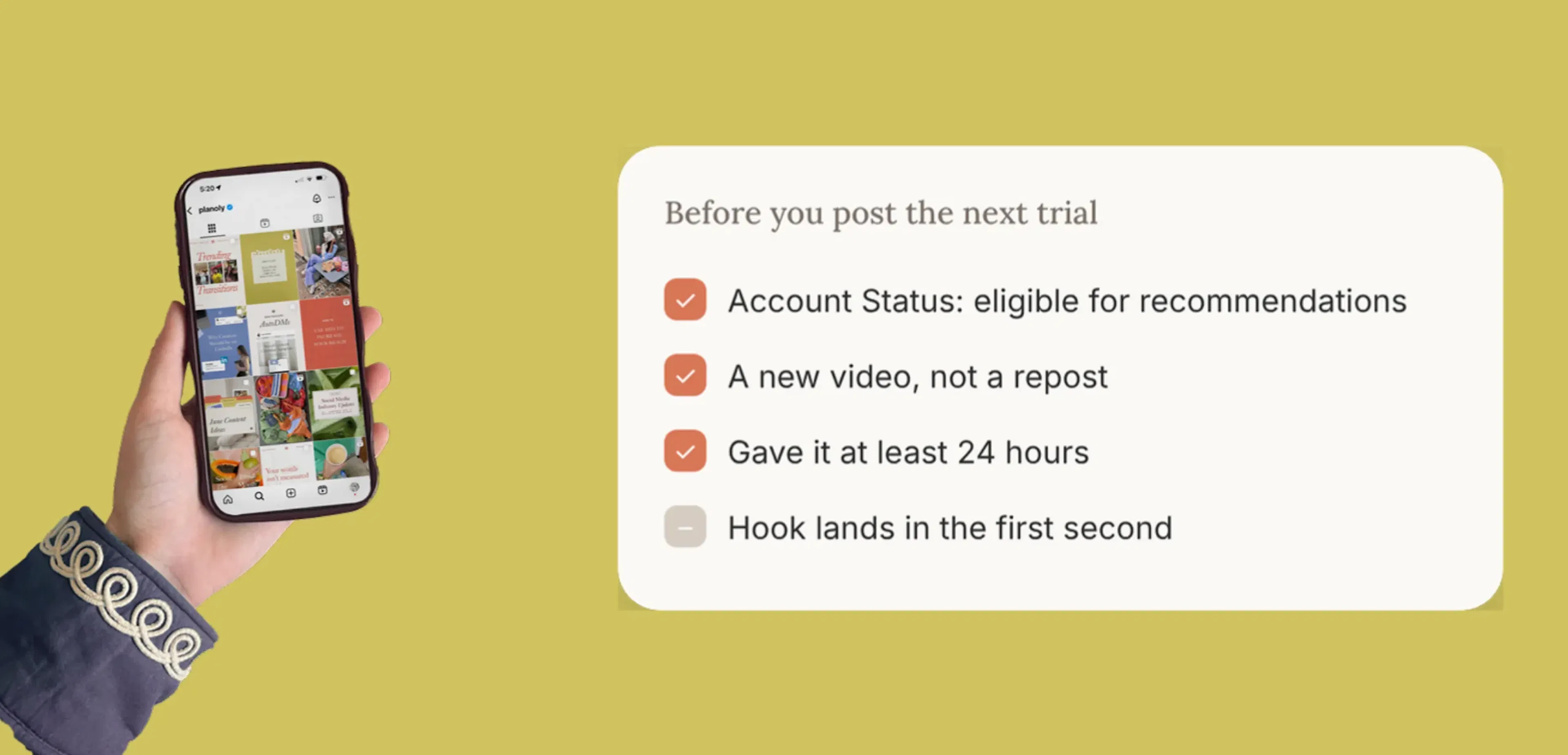 A "Before you post the next trial" checklist: account eligible for recommendations, a new video not a repost, at least 24 hours, and a hook that lands in the first second.