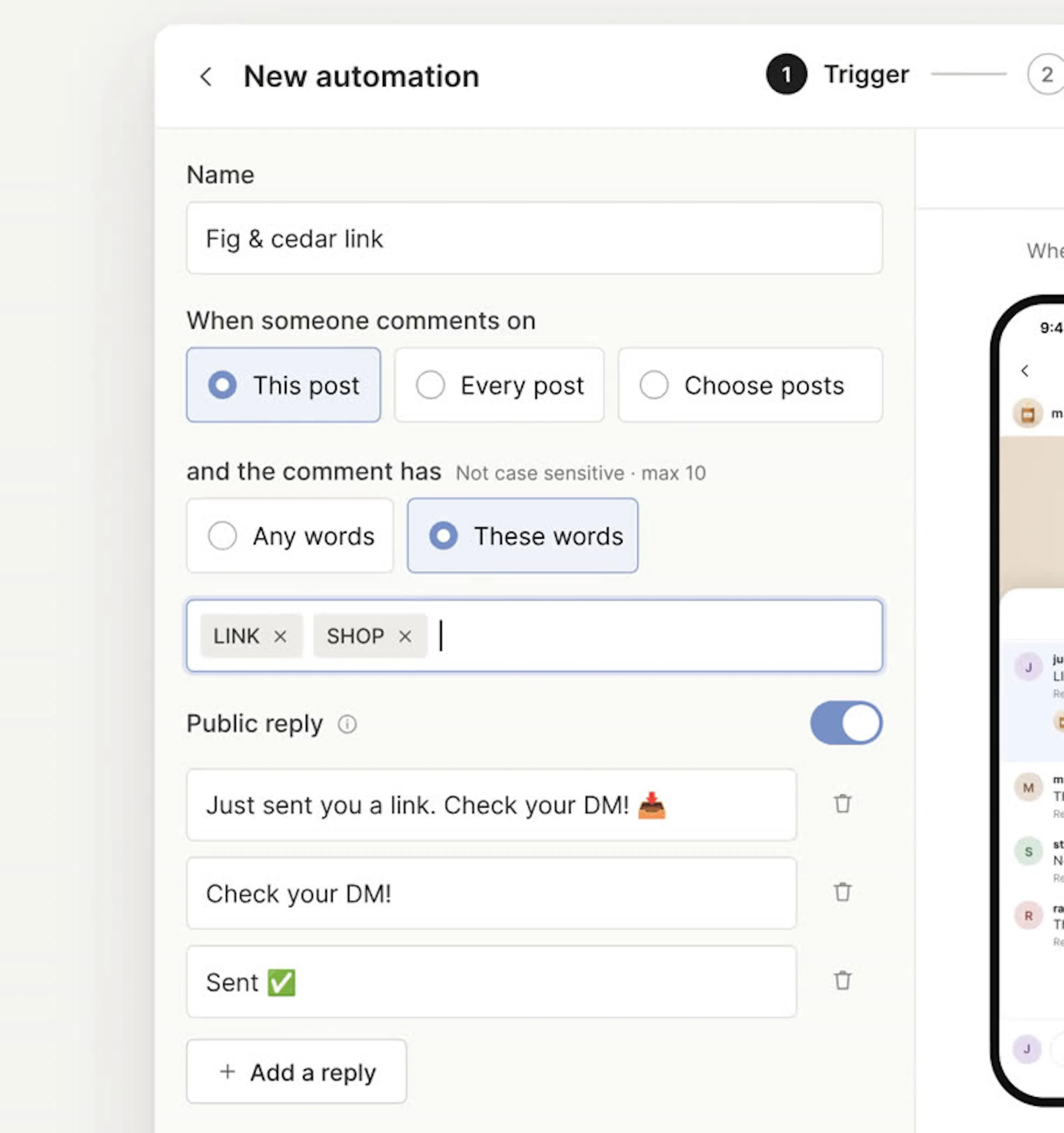 The New automation editor on the Trigger step, with This post and These words selected, LINK and SHOP as keywords, and Public reply on with three replies.