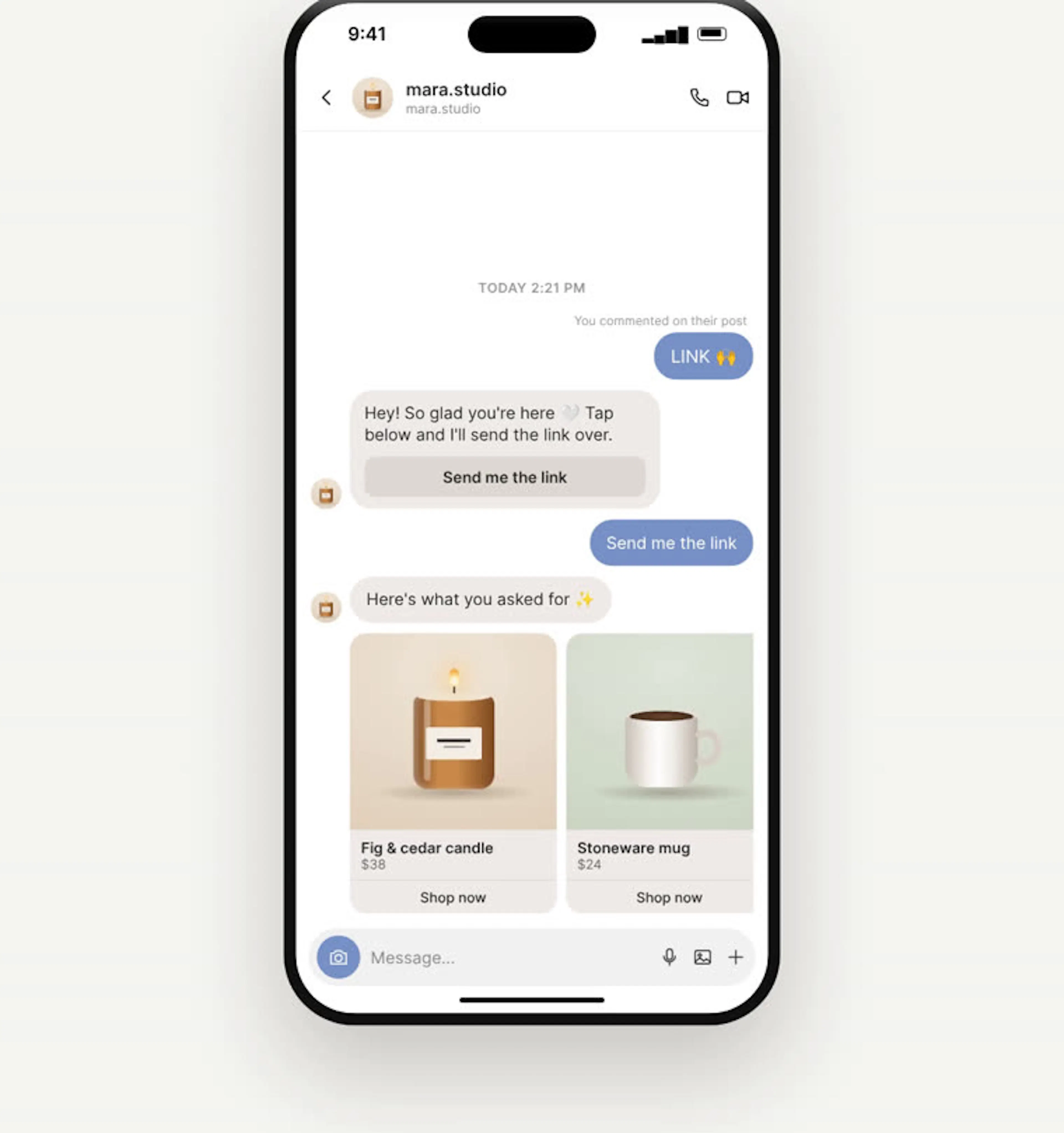 An Instagram DM from mara.studio: the opening message, the follower tapping Send me the link, then a gallery of product cards with Shop now buttons.