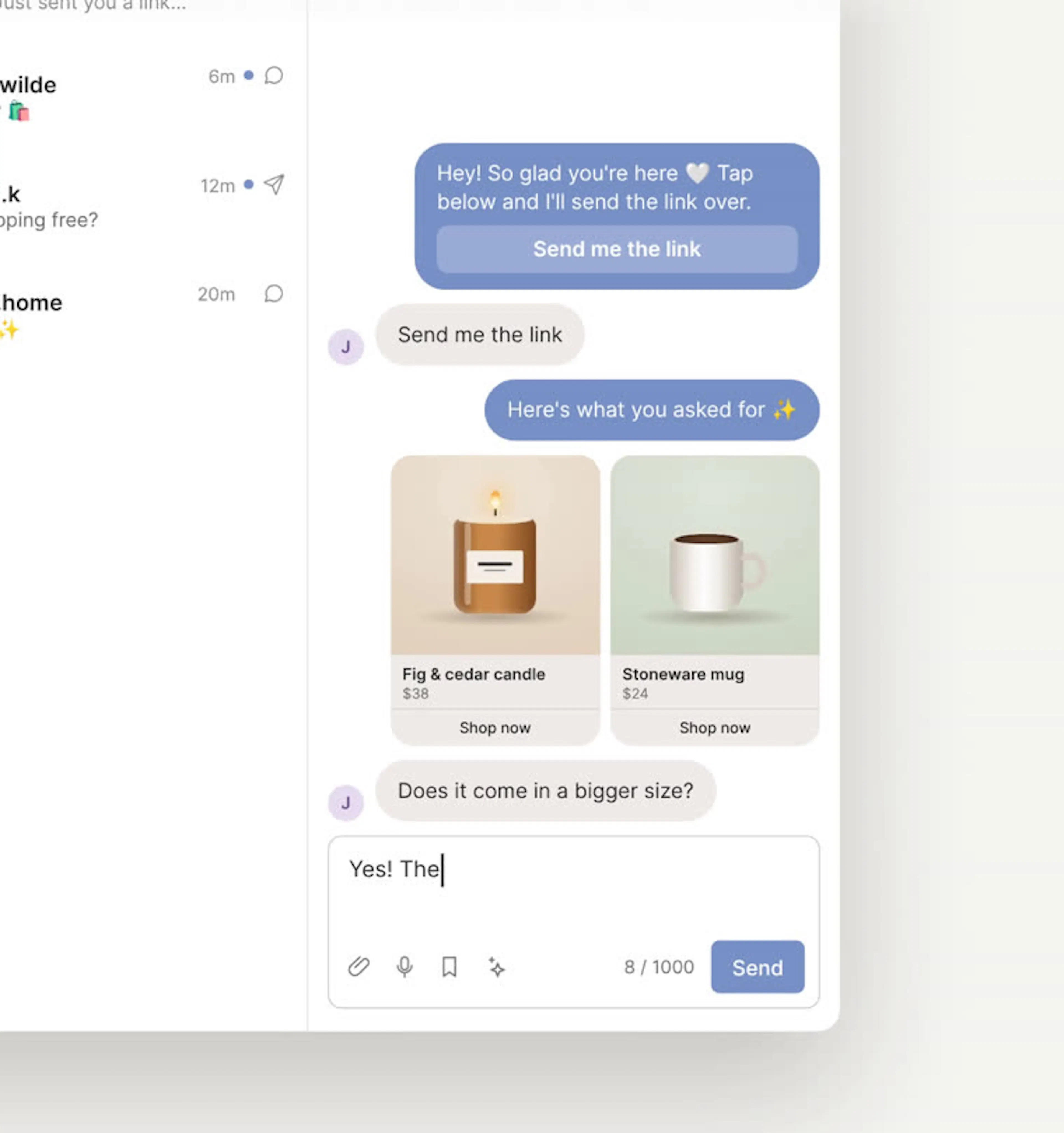 An Inbox conversation: the automation’s opening message and a gallery of a Fig & cedar candle and a Stoneware mug, the follower tapping Send me the link and then asking if it comes in a bigger size, and a reply being typed below.
