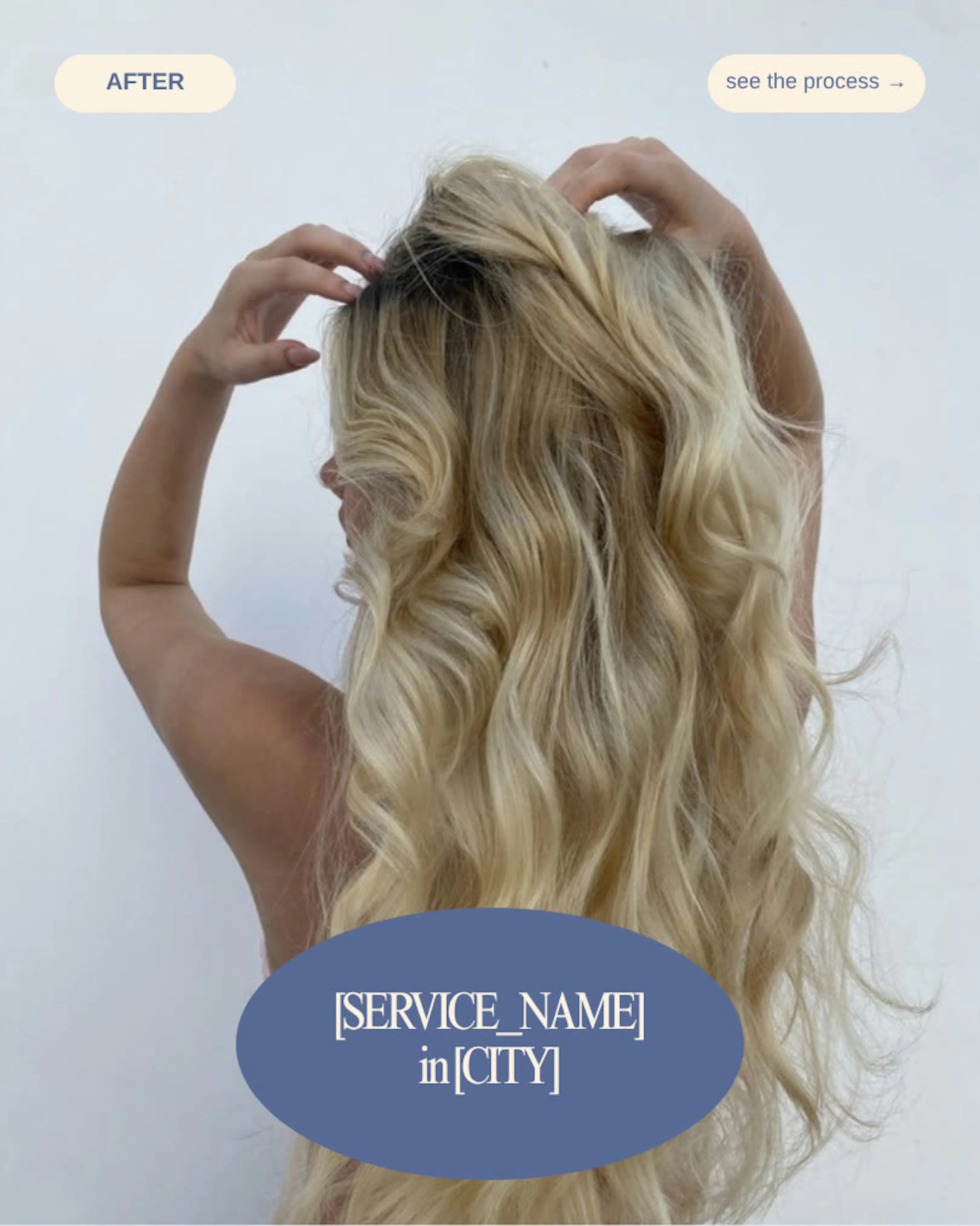 An "After" carousel cover of long blonde waves seen from behind, with the service name and city in a blue oval and "see the process".