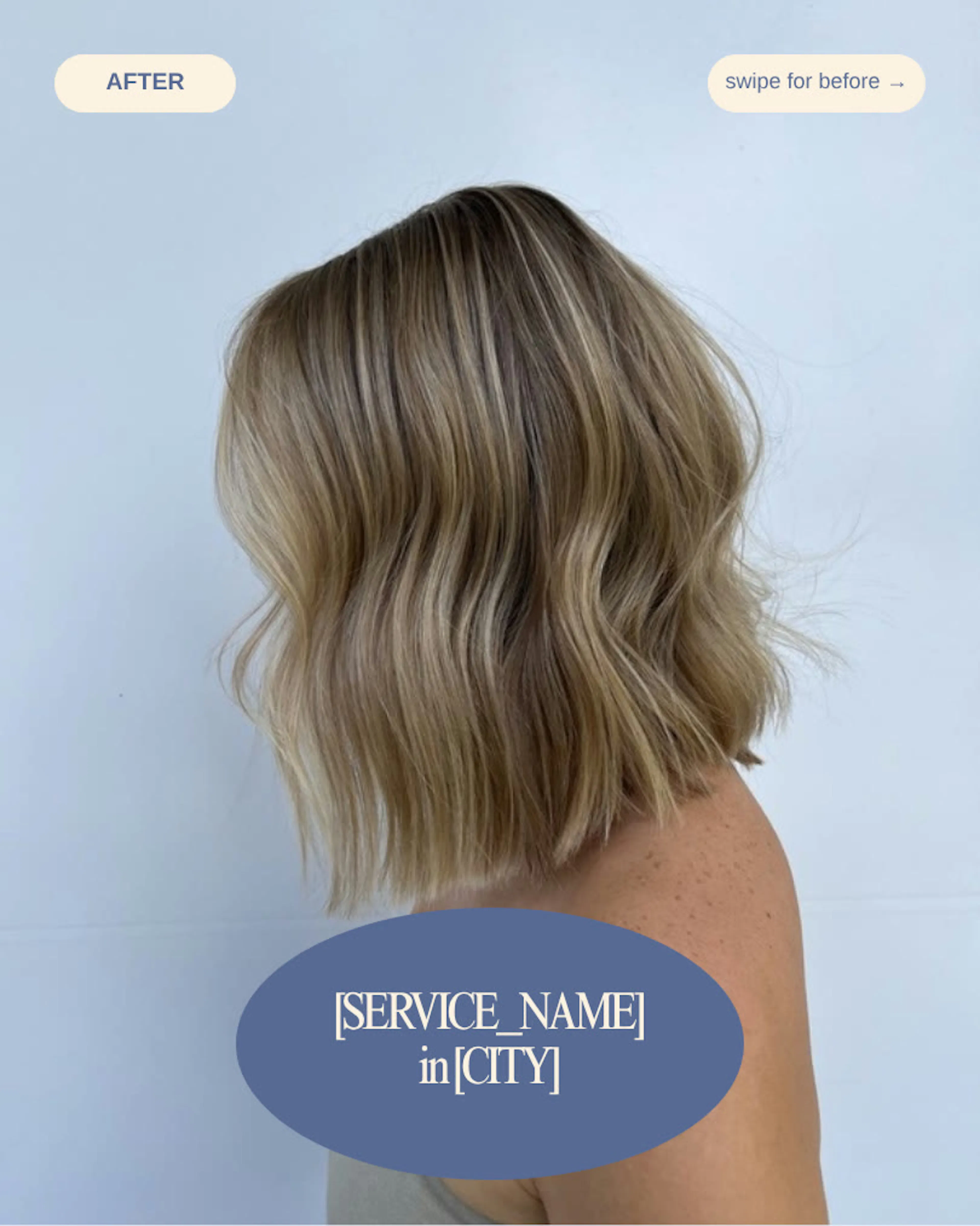 An "After" carousel cover: a glossy shoulder-length bob seen from behind, with the service name and city in a blue oval and "swipe for before".