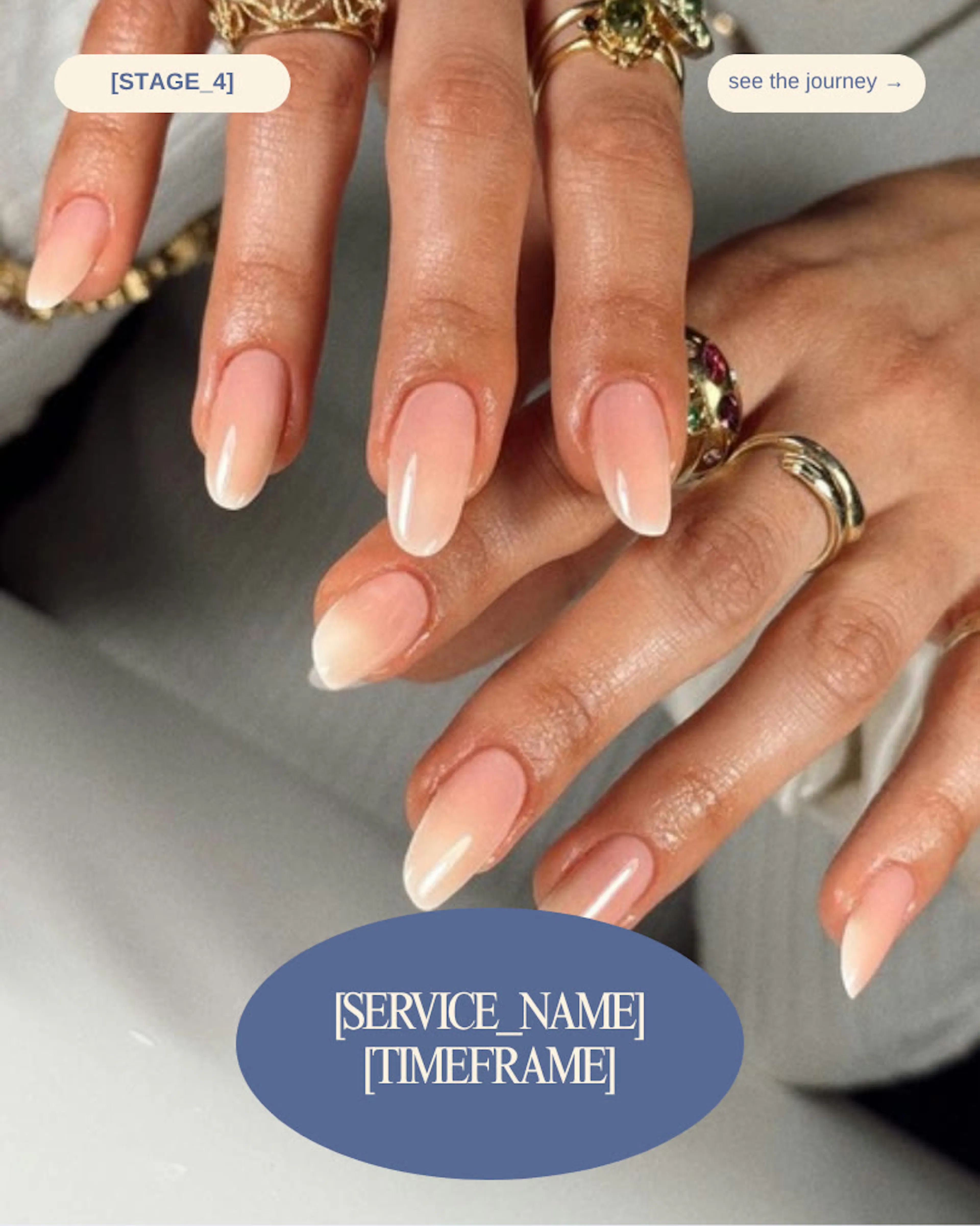 A progress carousel slide of a hand with pink-to-white ombré nails, a stage tag, "see the journey", and the service and timeframe in a blue oval.