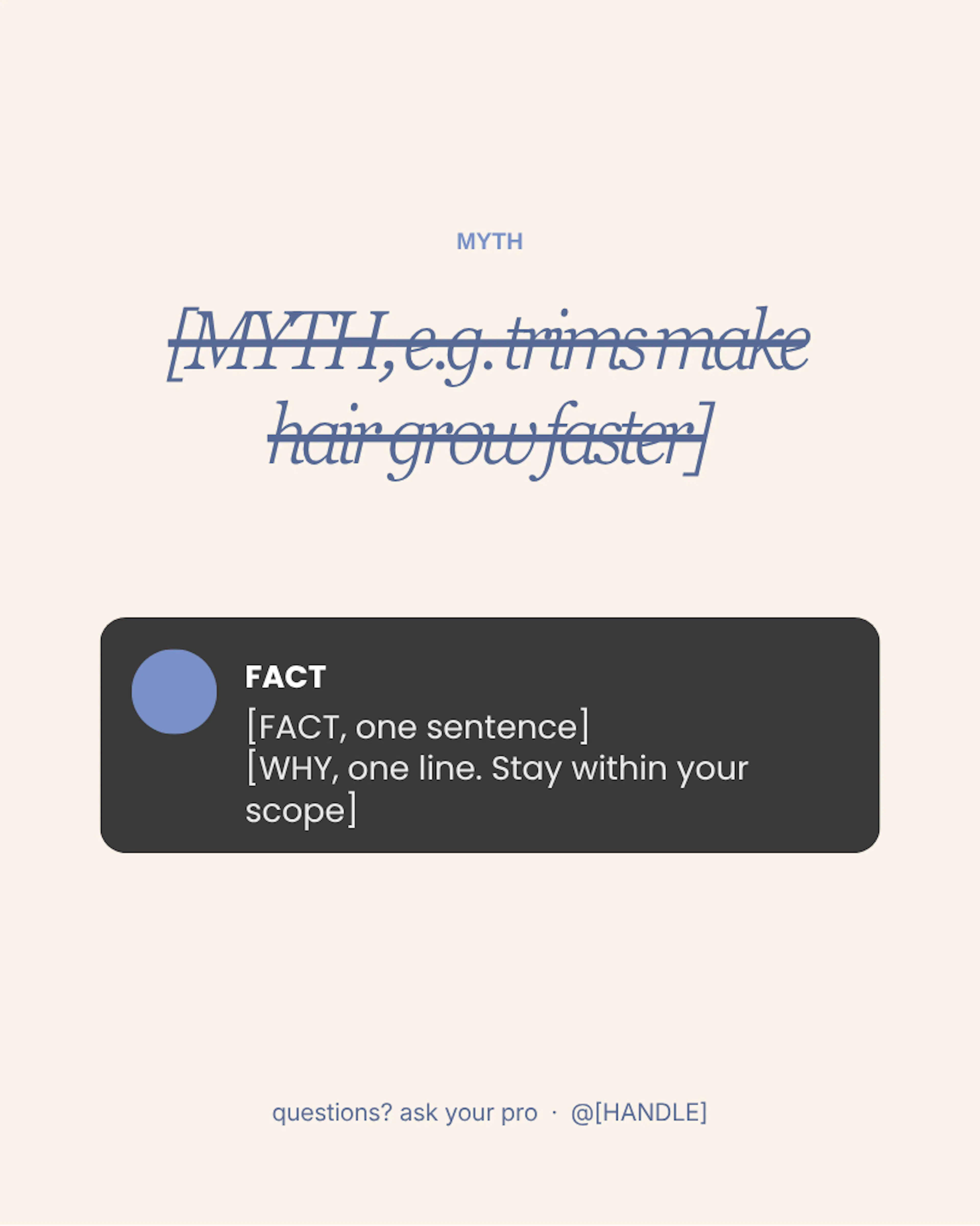 A cream card with a struck-through myth in blue italic above a dark "Fact" bubble with a one-line answer.