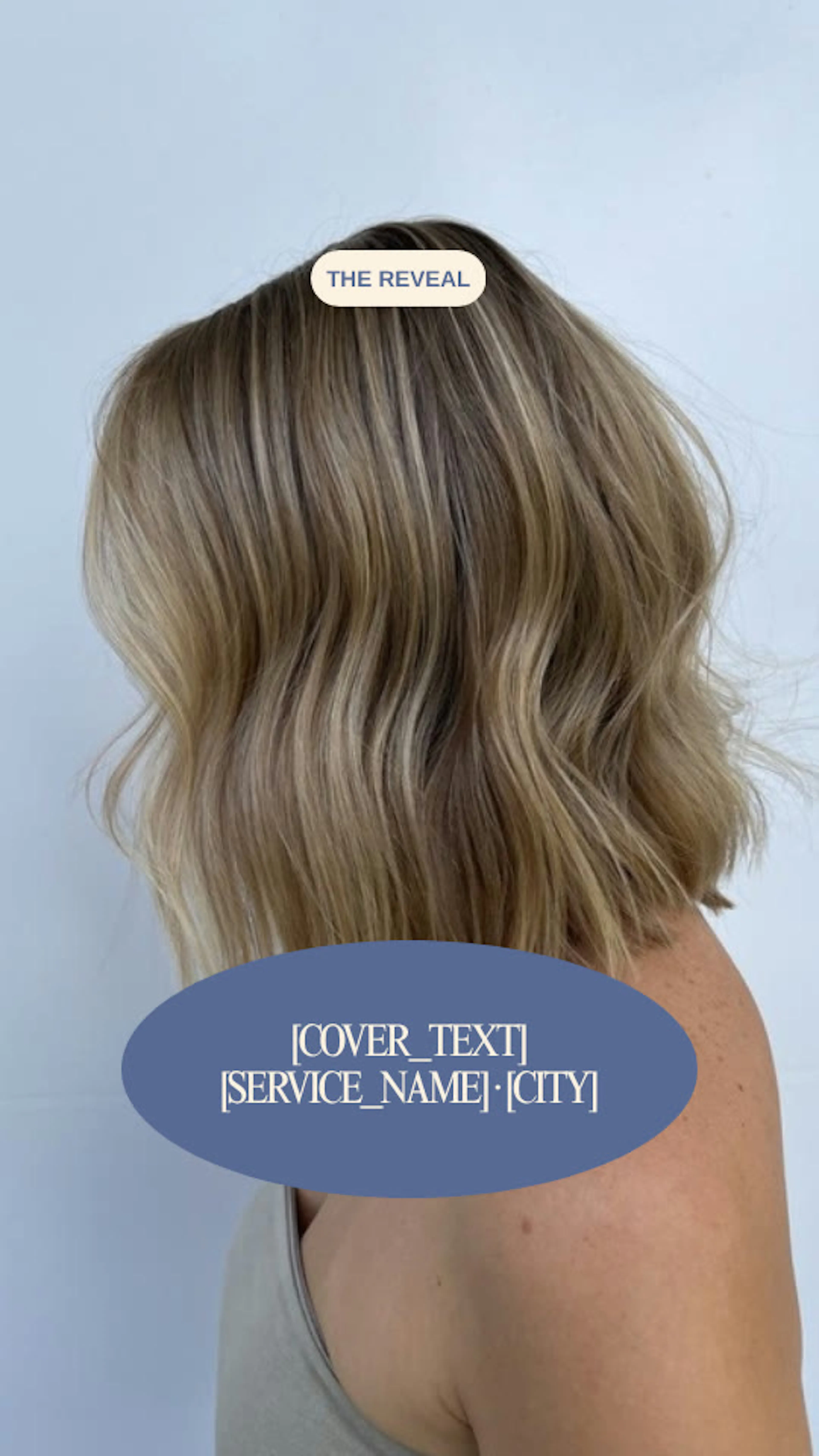 A "The reveal" Reel cover of a glossy bob seen from behind, with cover text, the service name and city in a blue oval.