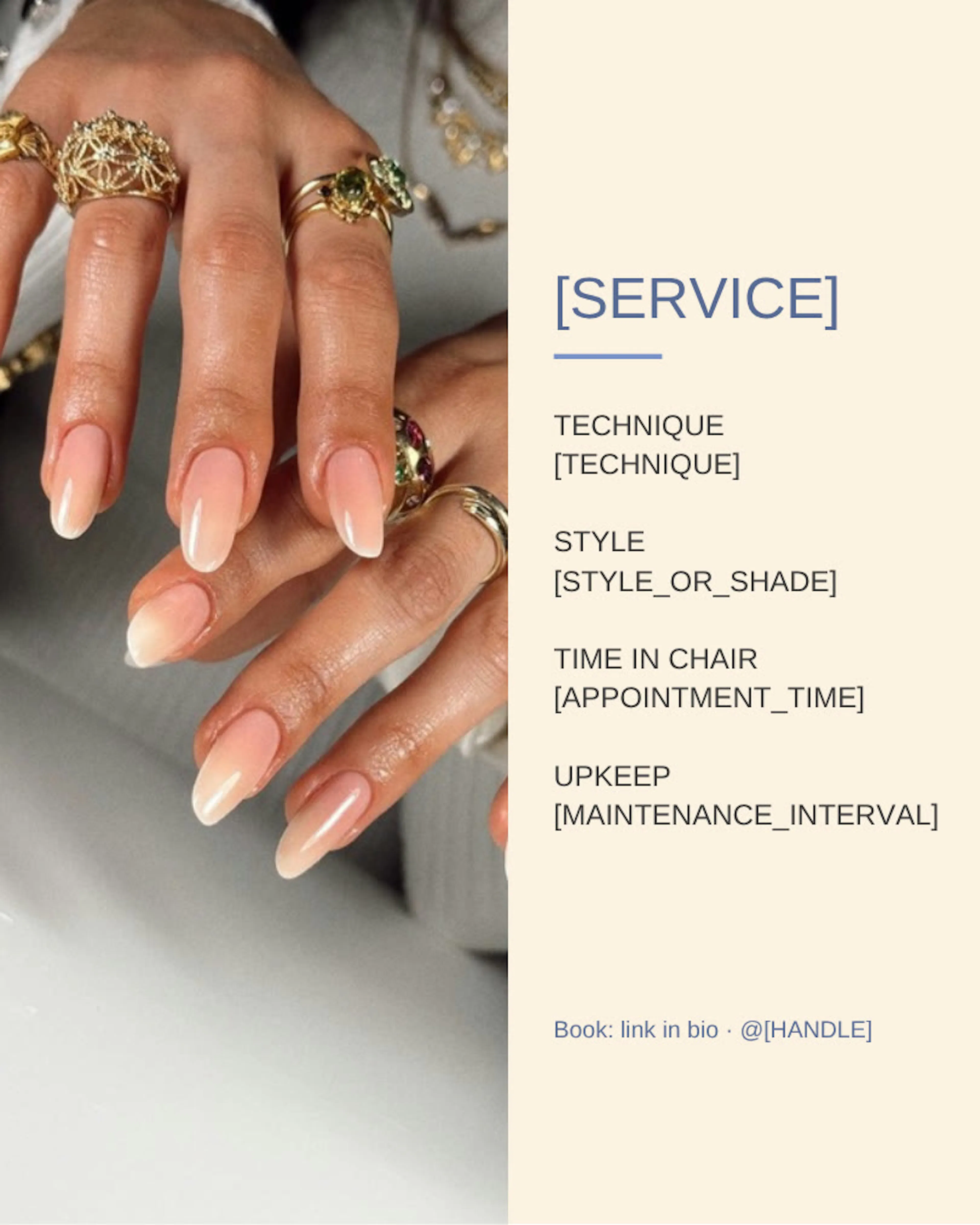 A service details card: a photo of ombré nails beside a list of technique, style, time in chair and upkeep placeholders.