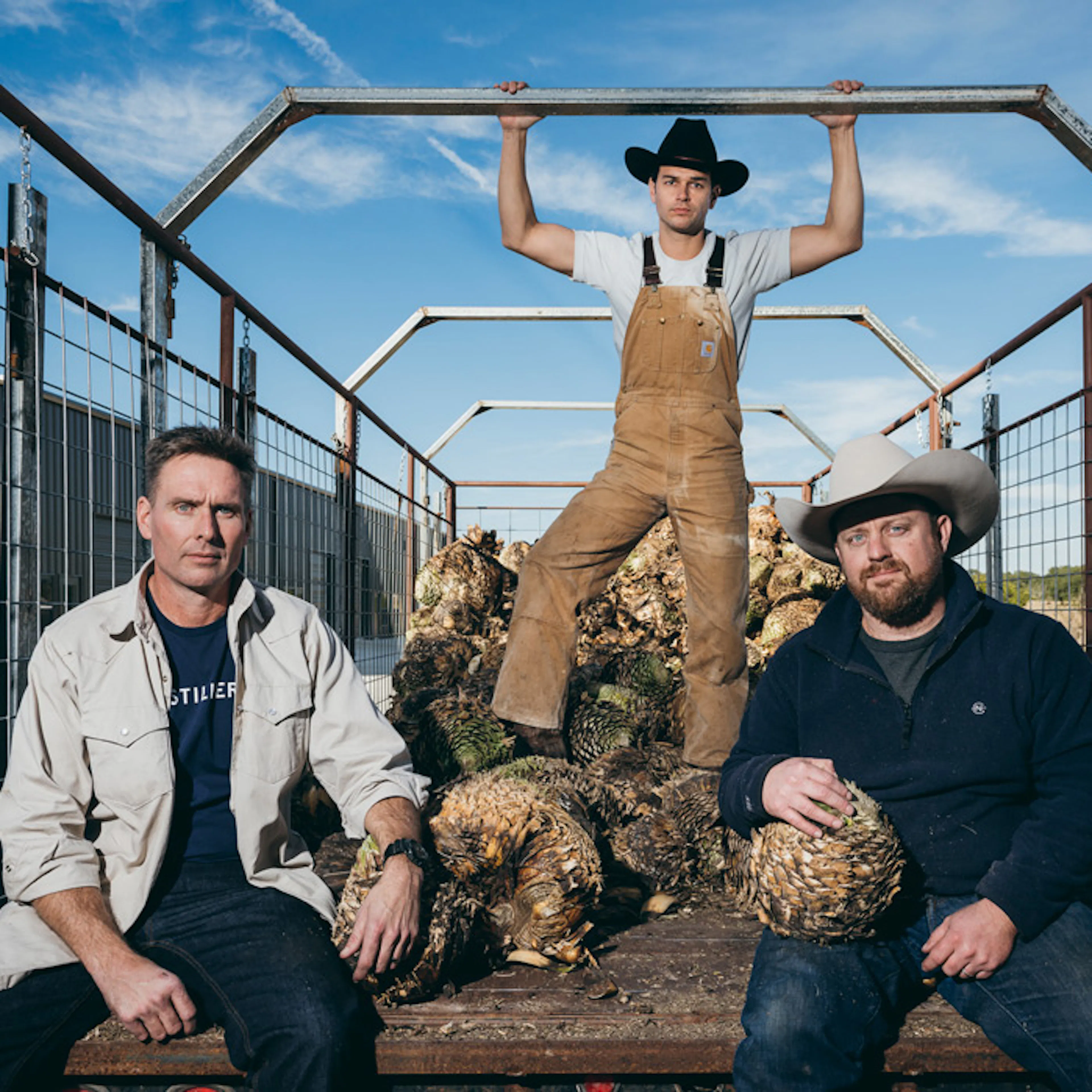 Three men in work clothes with harvested sotol plants on a trailer