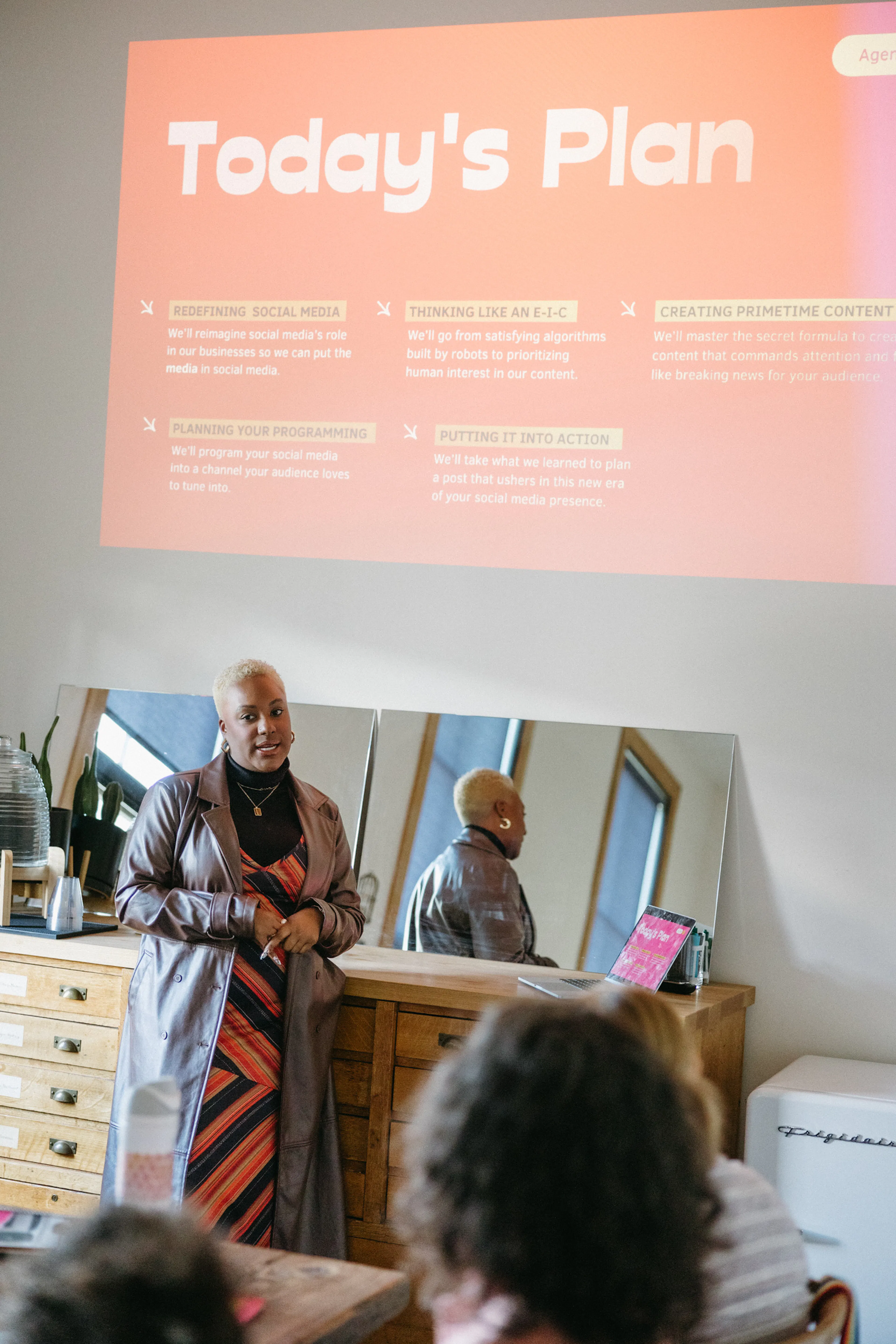 Gabriella Layne-Avery presenting a “Today’s Plan” slide at a workshop