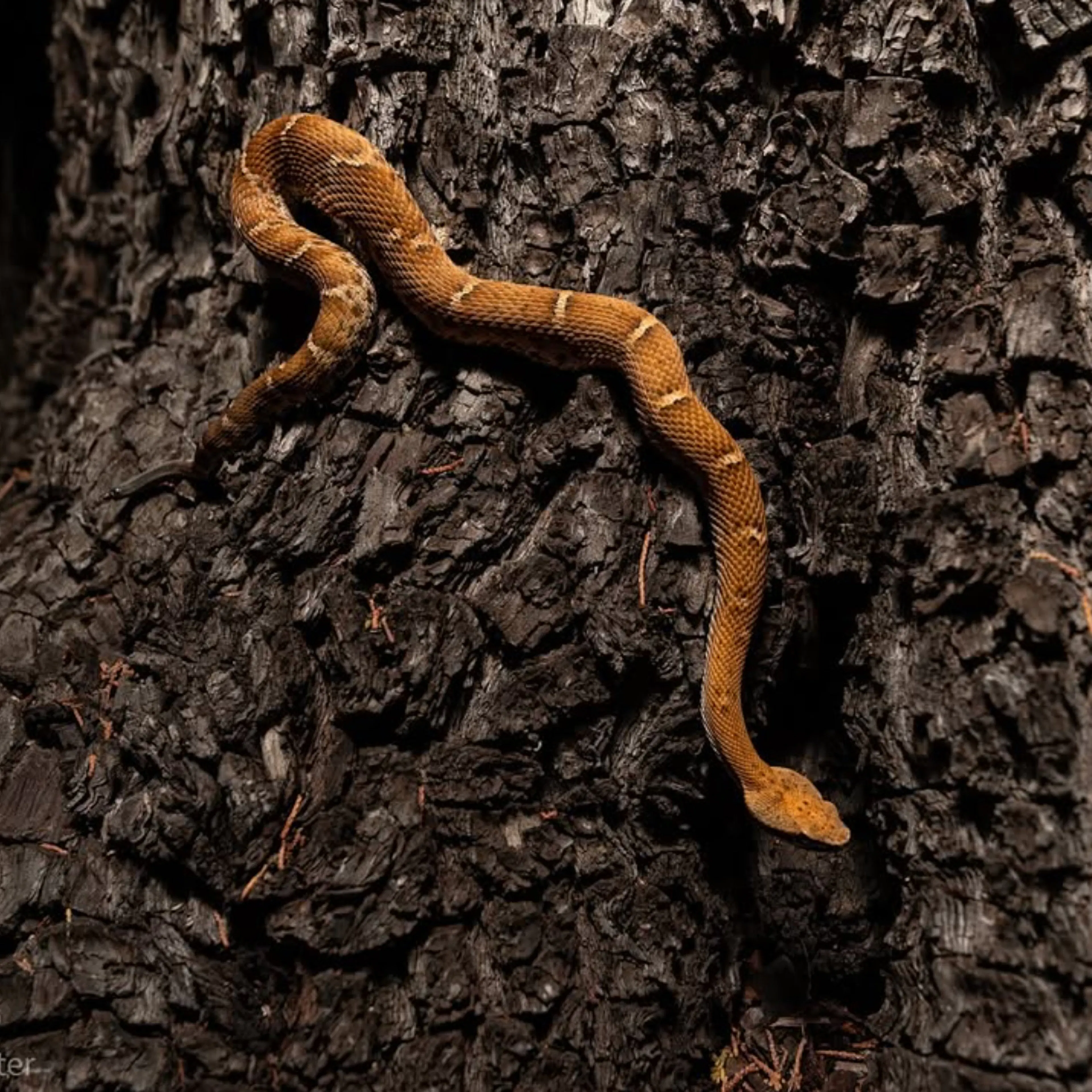 A snake crossing dark, cracked tree bark