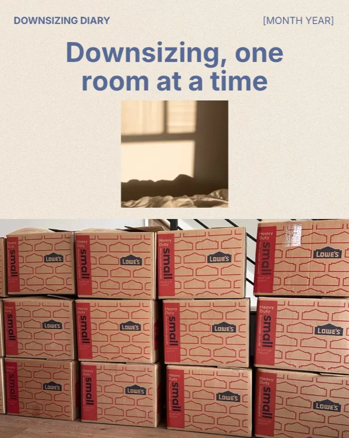 A "Downsizing diary" card above a stack of cardboard moving boxes.