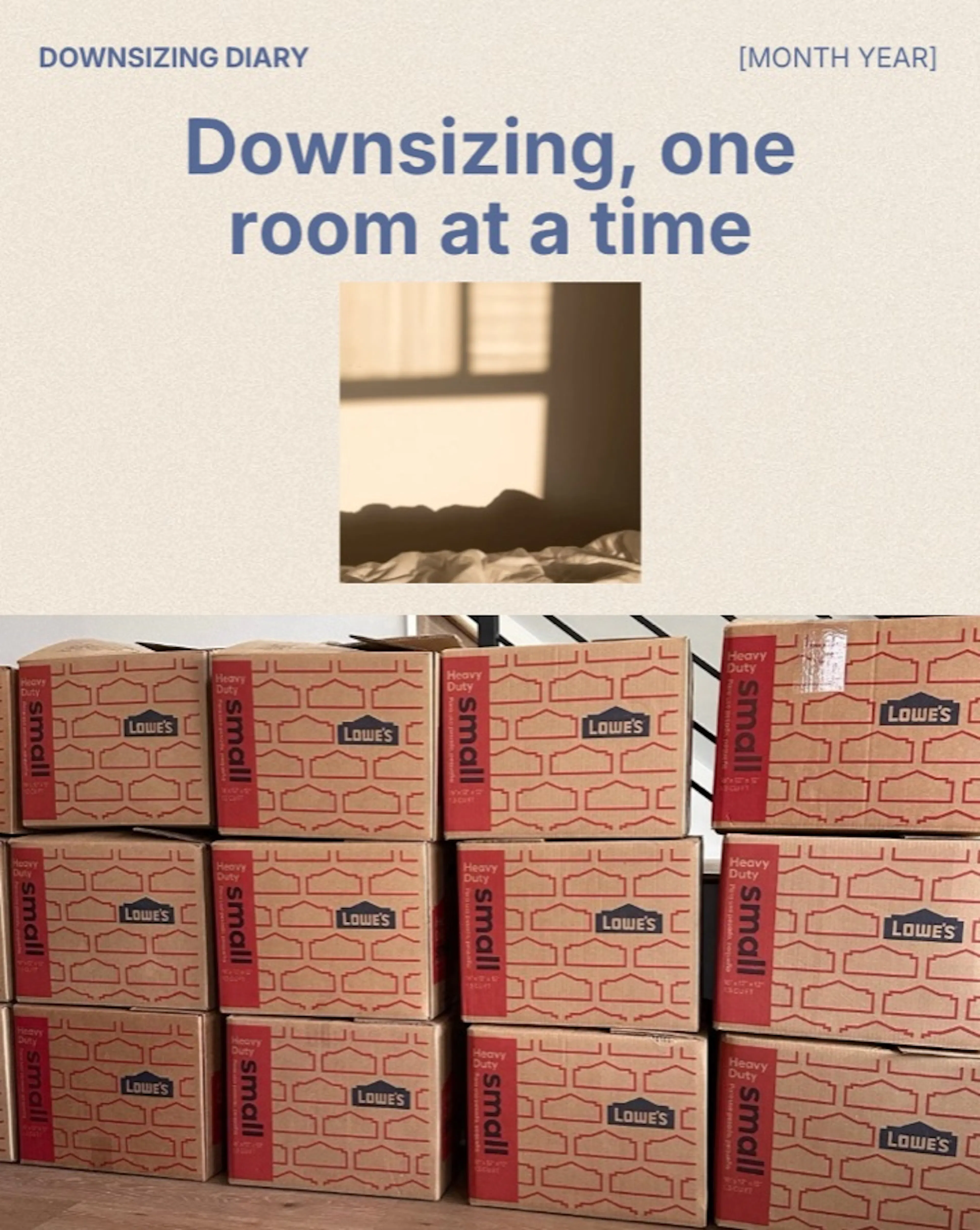 A "Downsizing diary" card above a stack of cardboard moving boxes.