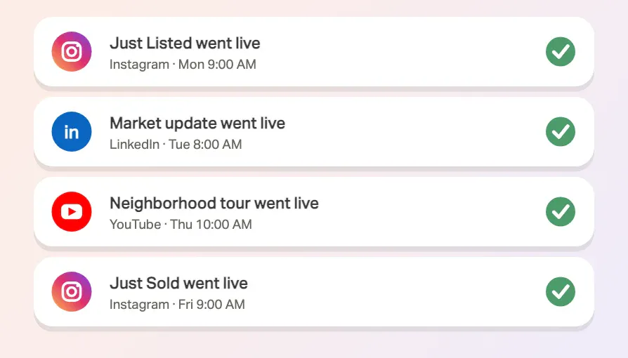 Notifications showing scheduled posts that went live with check marks: Just Listed on Instagram, Market update on LinkedIn, Neighborhood tour on YouTube, Just Sold on Instagram.