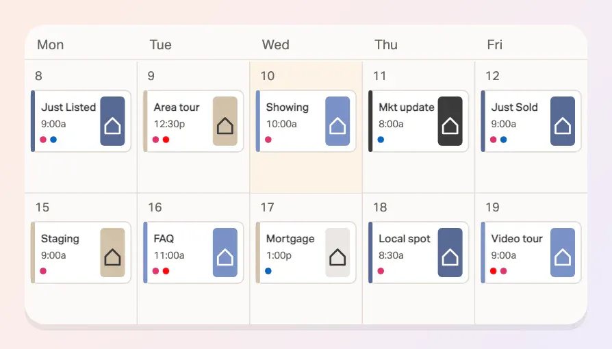 A weekly Planoly calendar with real estate posts scheduled days ahead: Just Listed, Area tour, Showing, Market update, Just Sold.
