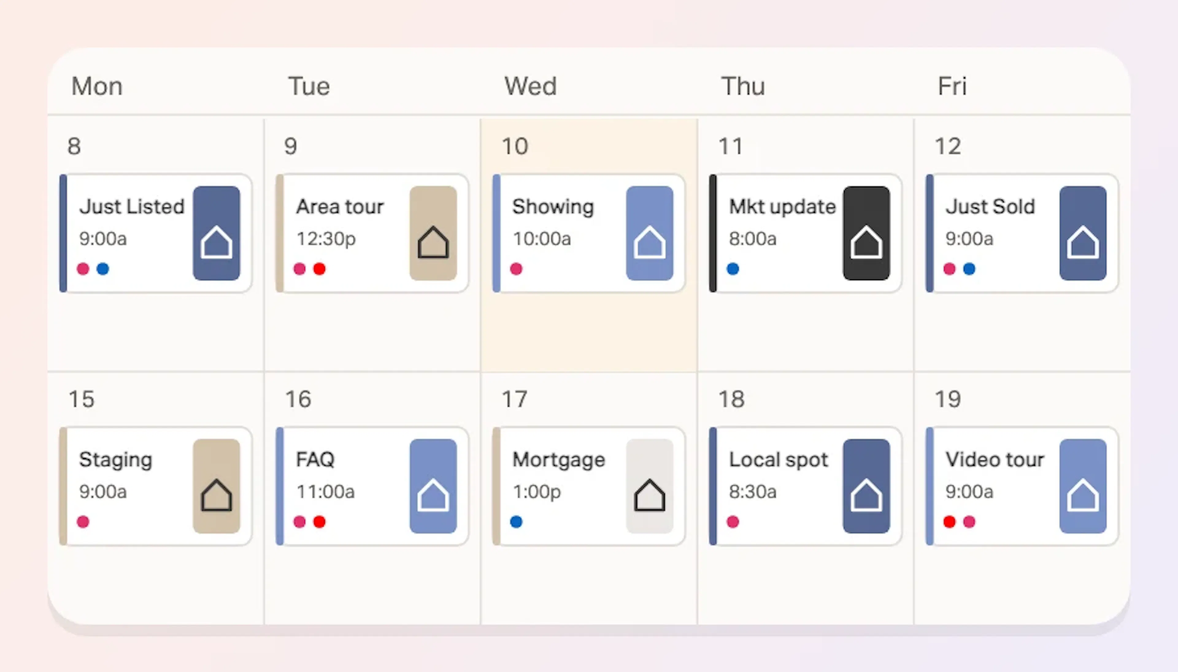 A weekly Planoly calendar with real estate posts scheduled days ahead: Just Listed, Area tour, Showing, Market update, Just Sold.
