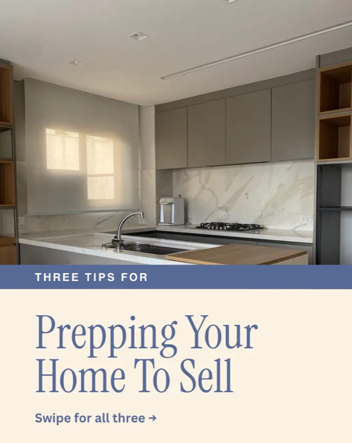 A kitchen photo above the title "Prepping your home to sell", with "Swipe for all three".