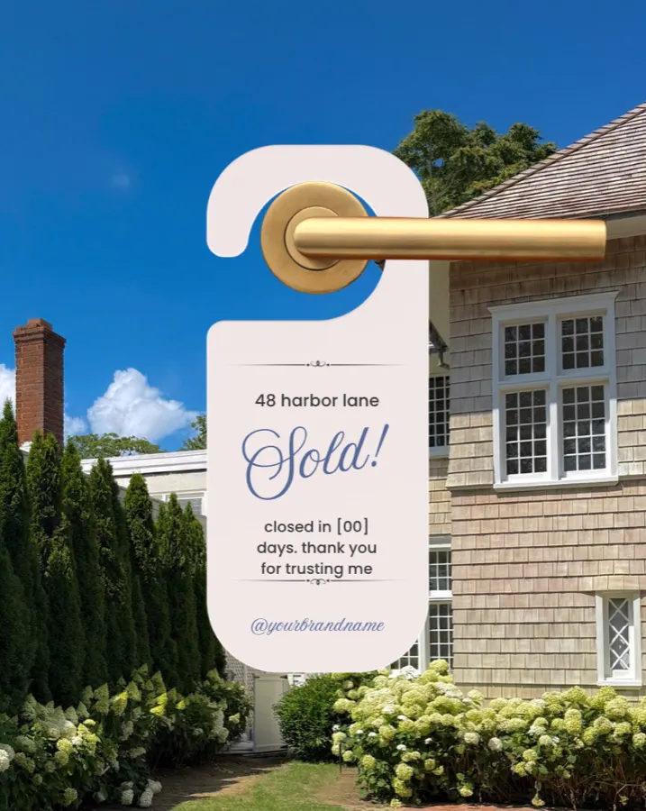 A "Sold!" door-hanger template over a shingled home with a brass door handle.