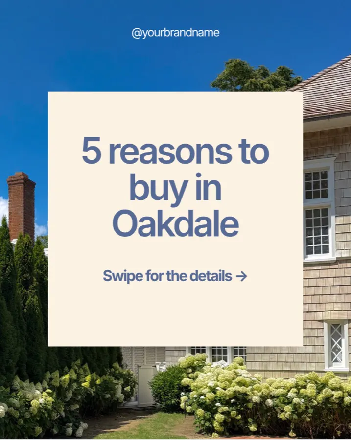 A cream card reading "5 reasons to buy in Oakdale" over a shingled home.
