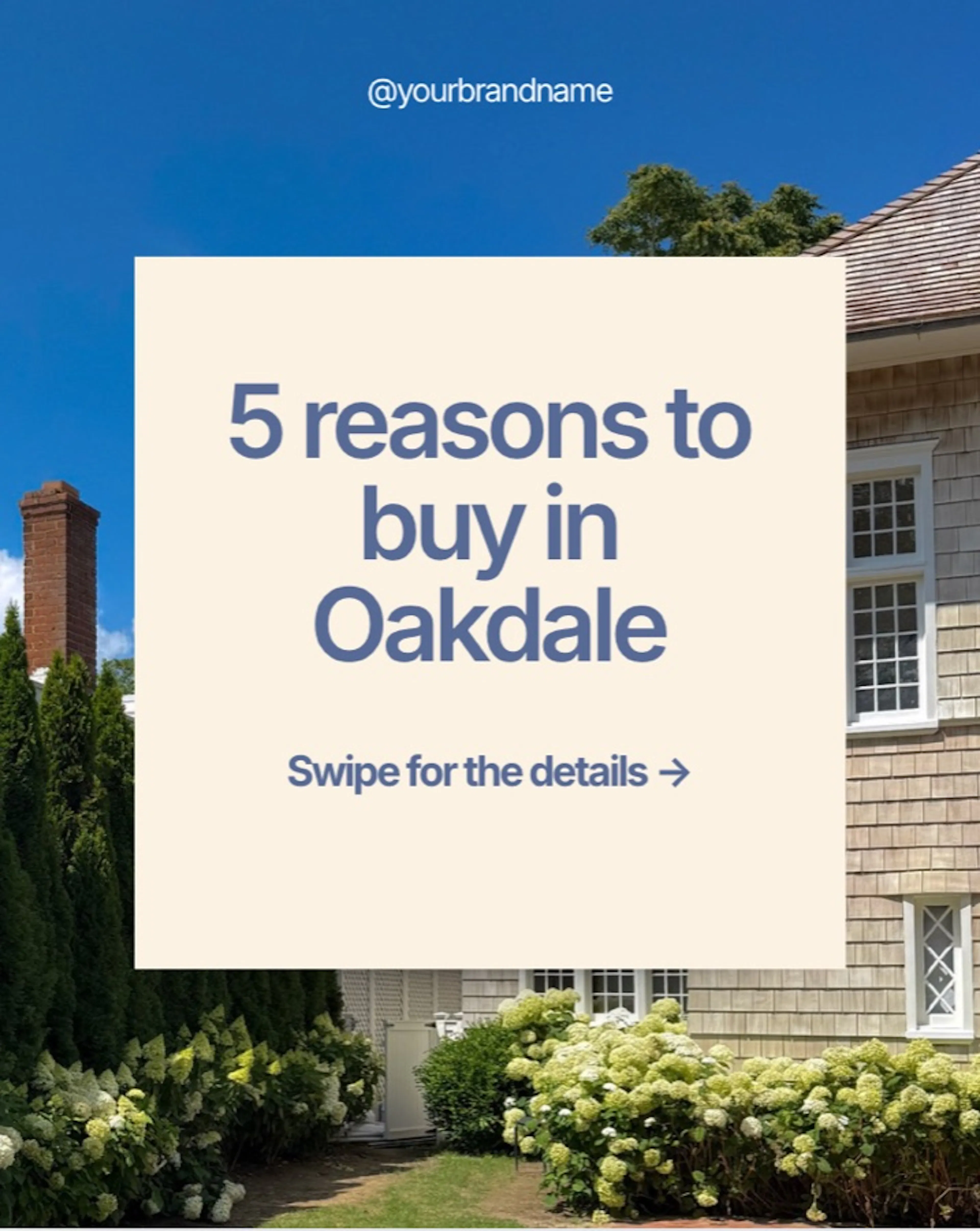 A cream card reading "5 reasons to buy in Oakdale" over a shingled home.