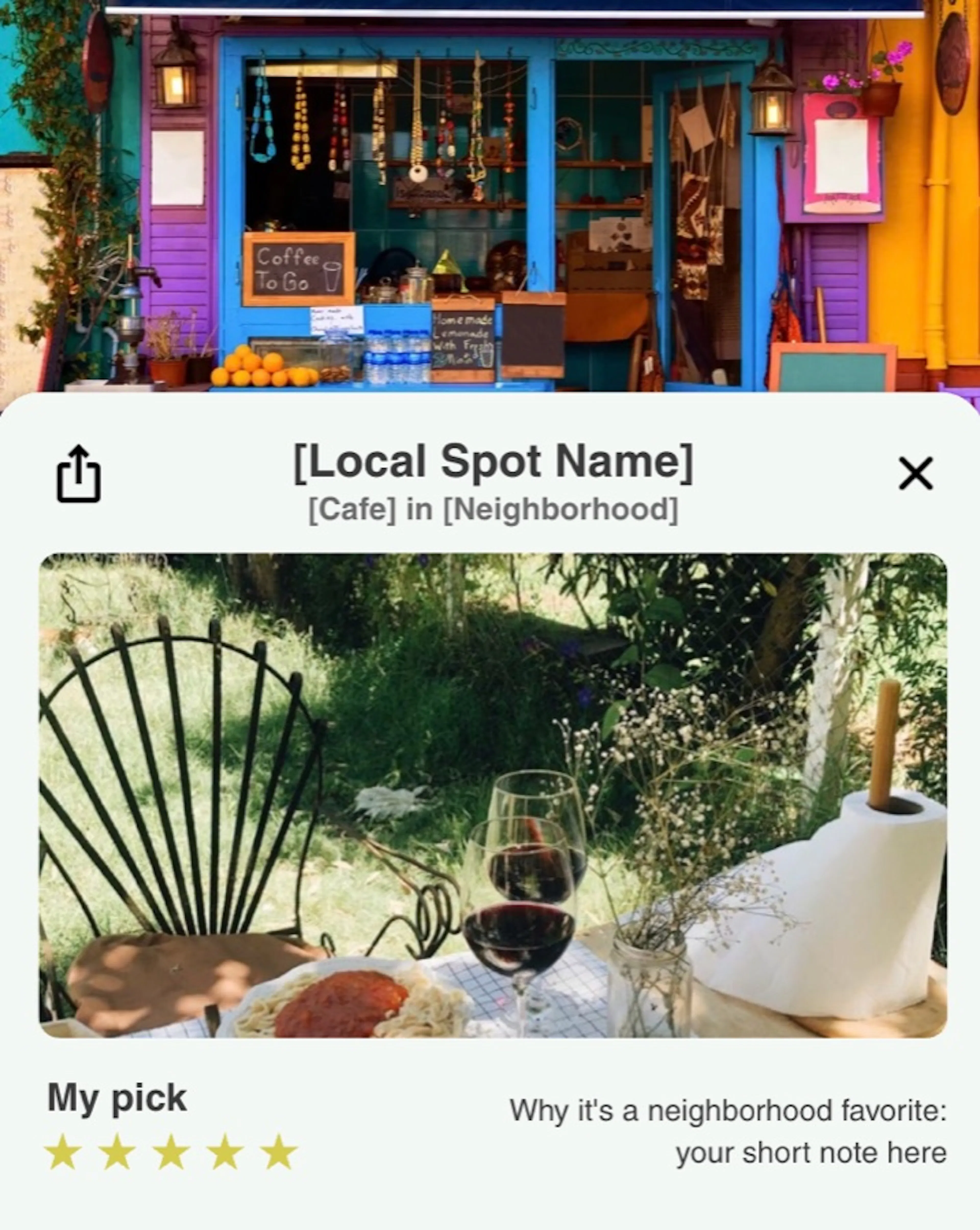 A local-spot card with a café photo, a five-star rating and a short note on why it is a neighborhood favorite.