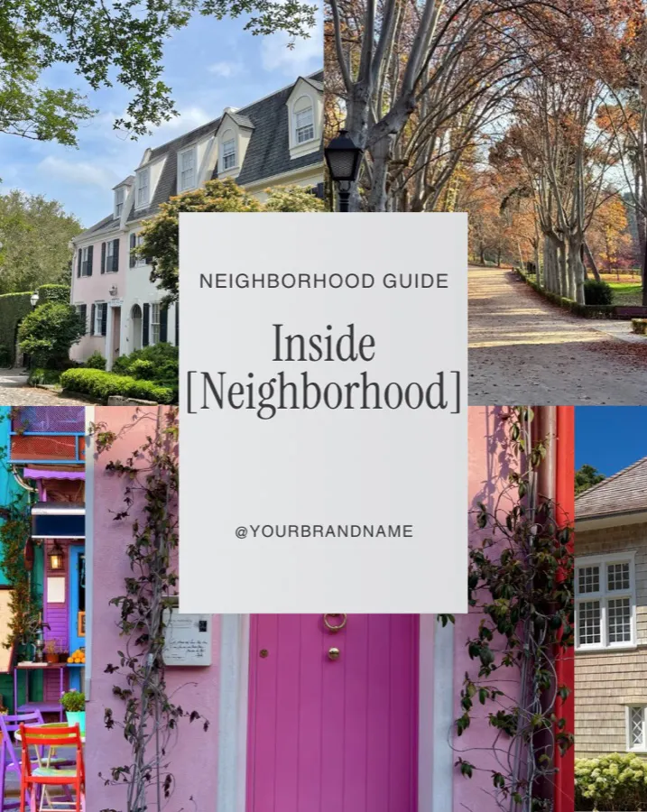 A "Neighborhood guide" card laid over a collage of a tree-lined street and a pink front door.