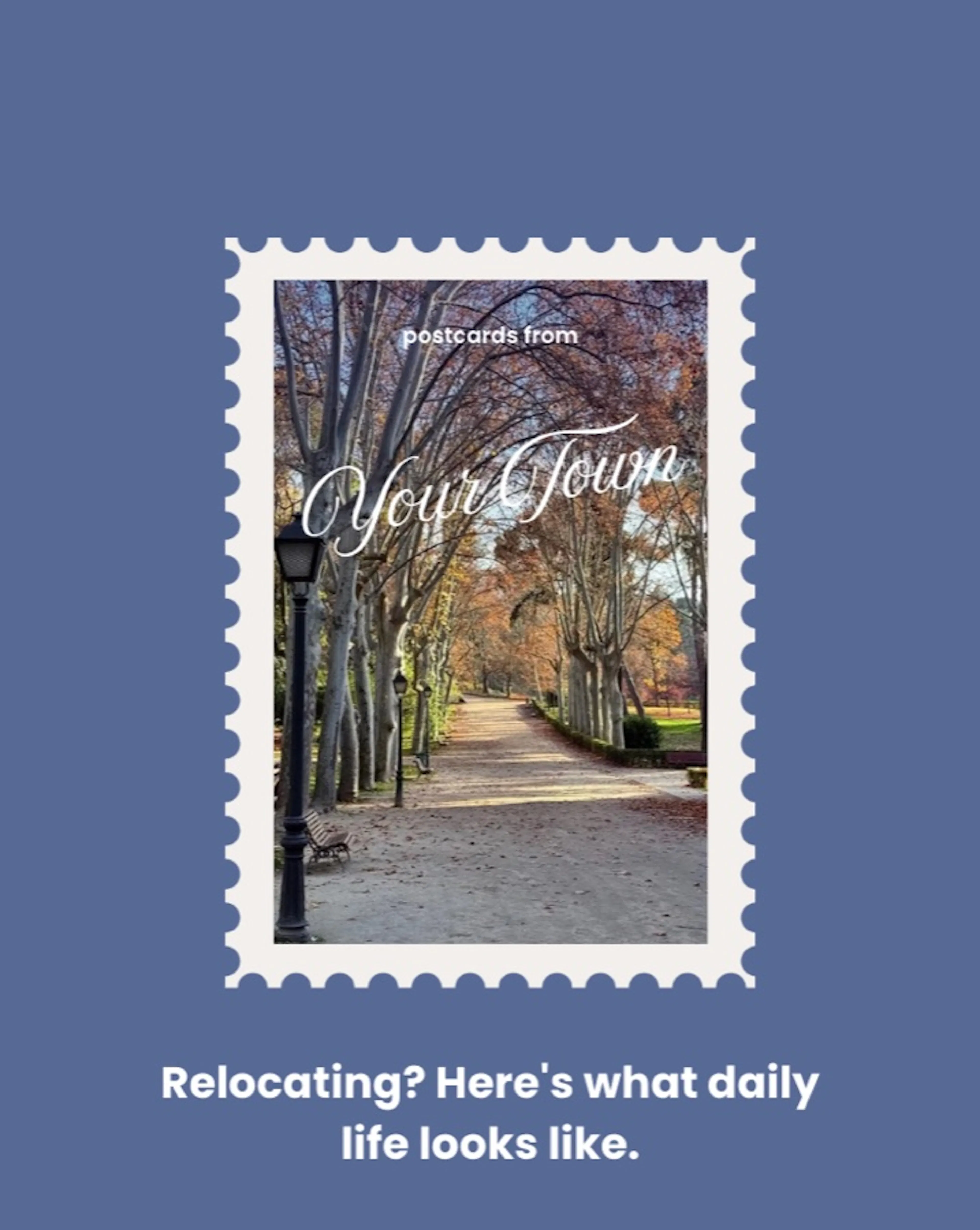 A postage-stamp photo of a tree-lined path with the line "Relocating? Here’s what daily life looks like."