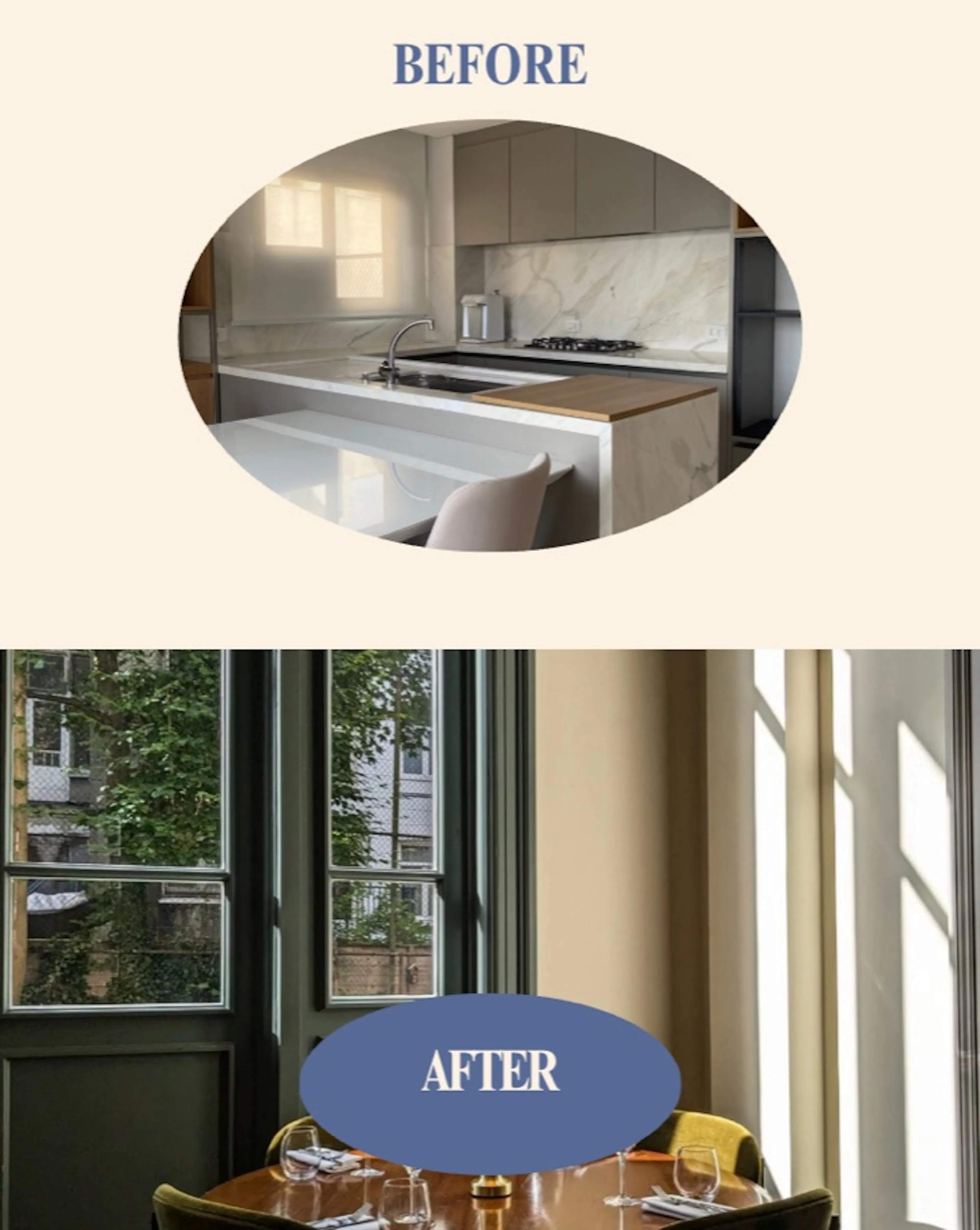 A before-and-after layout: a kitchen above, a dining room below.