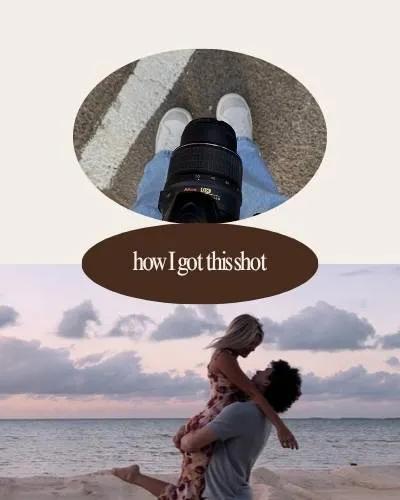 A camera held over sneakers above the words "how I got this shot", over a couple embracing on a beach at sunset.