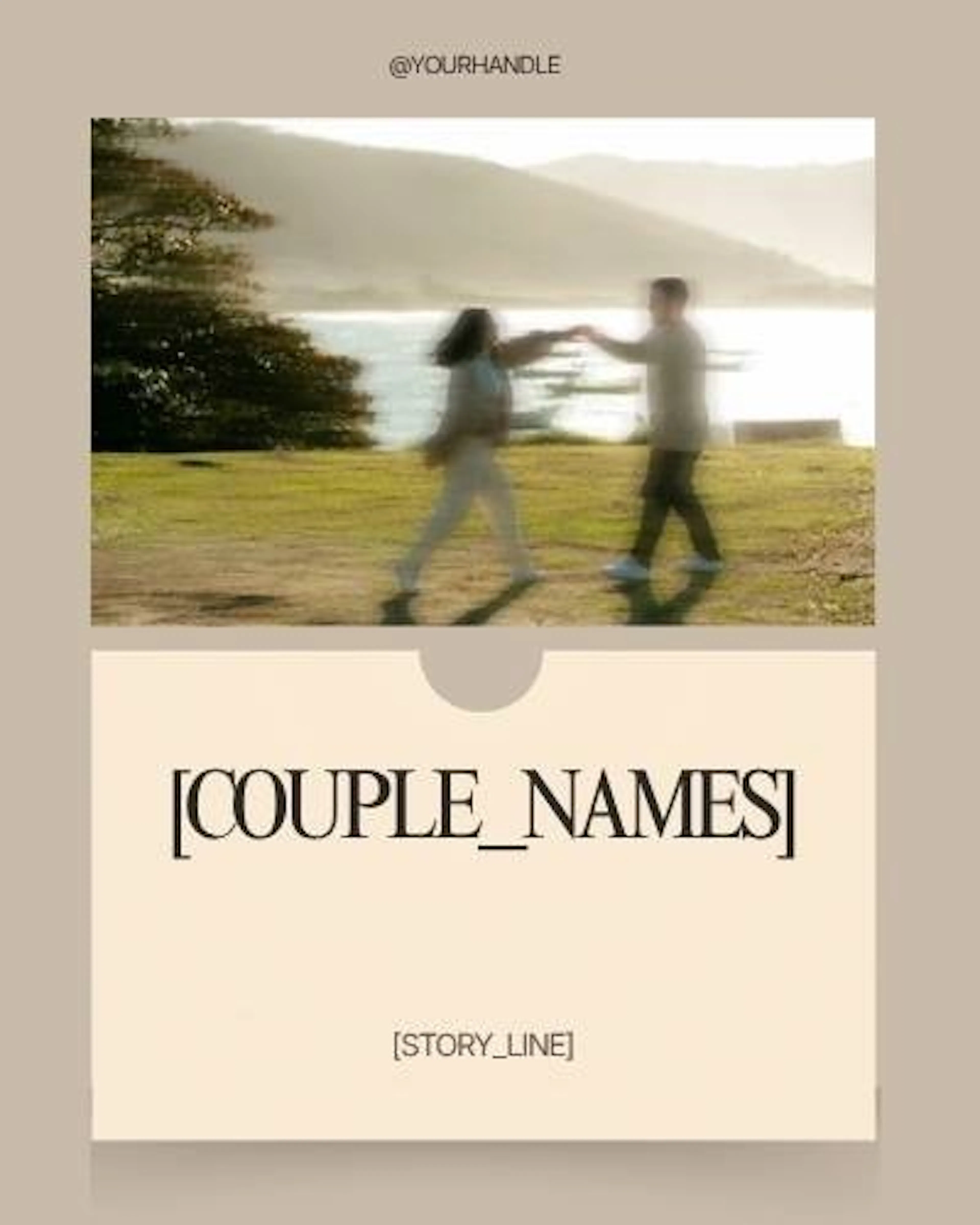 The first slide of a "how they met" carousel: a blurred couple dancing by a lake above a card with the couple’s names and story line.