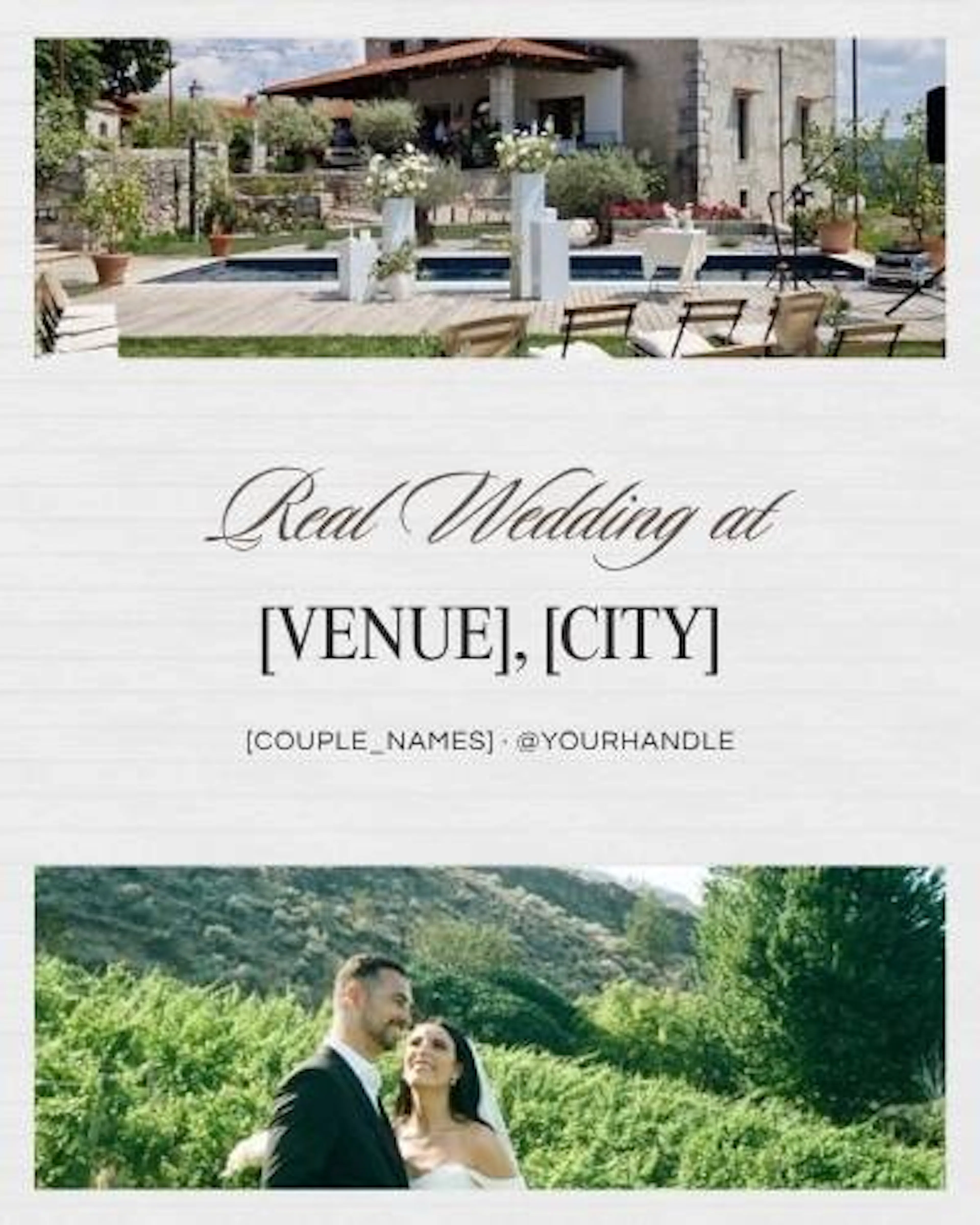A "Real wedding at [venue], [city]" card between a photo of a stone courtyard set for a reception and a couple in a vineyard.