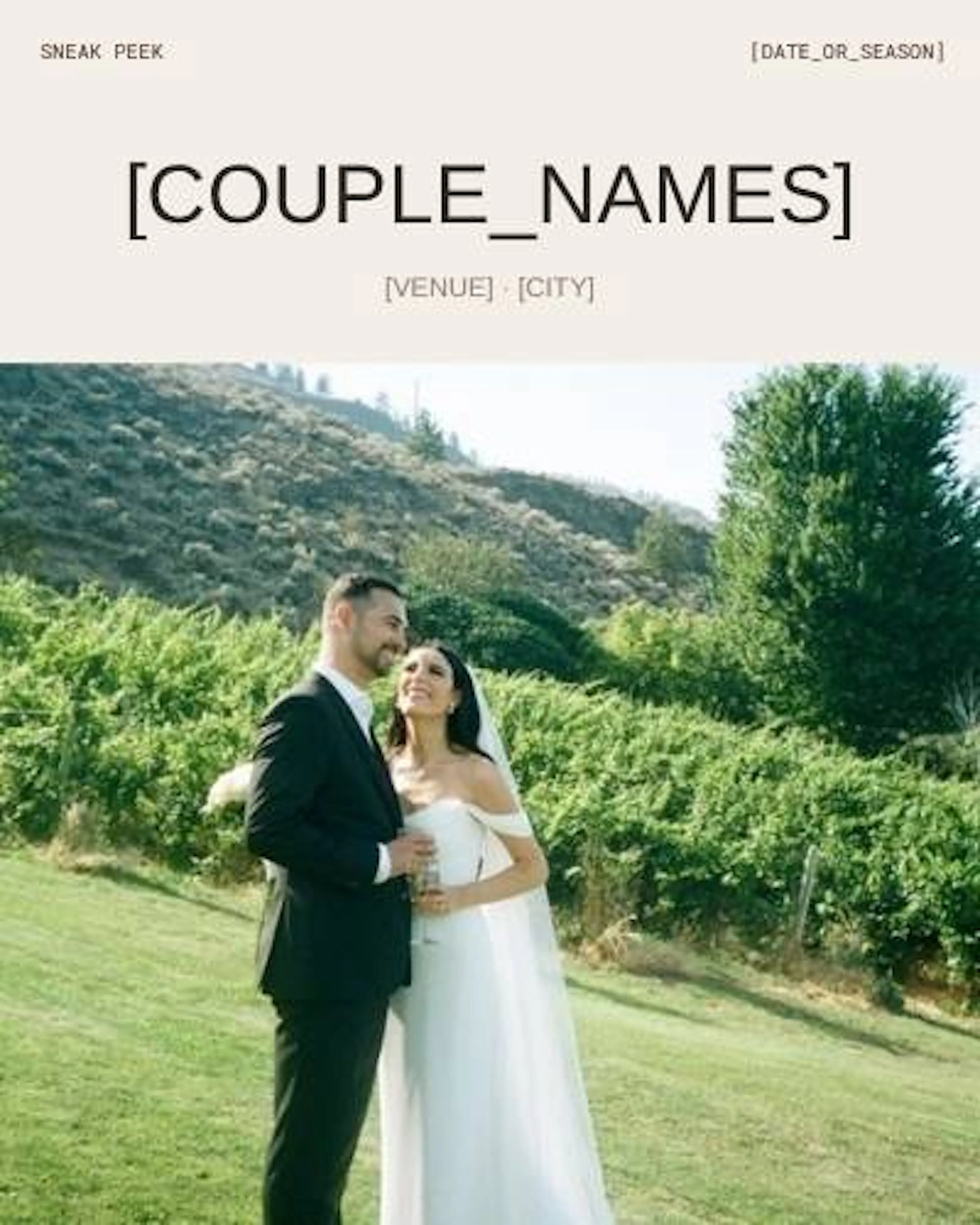 A "Sneak peek" cover with placeholders for the couple’s names, venue and city, above a couple in wedding clothes on a vineyard hillside.